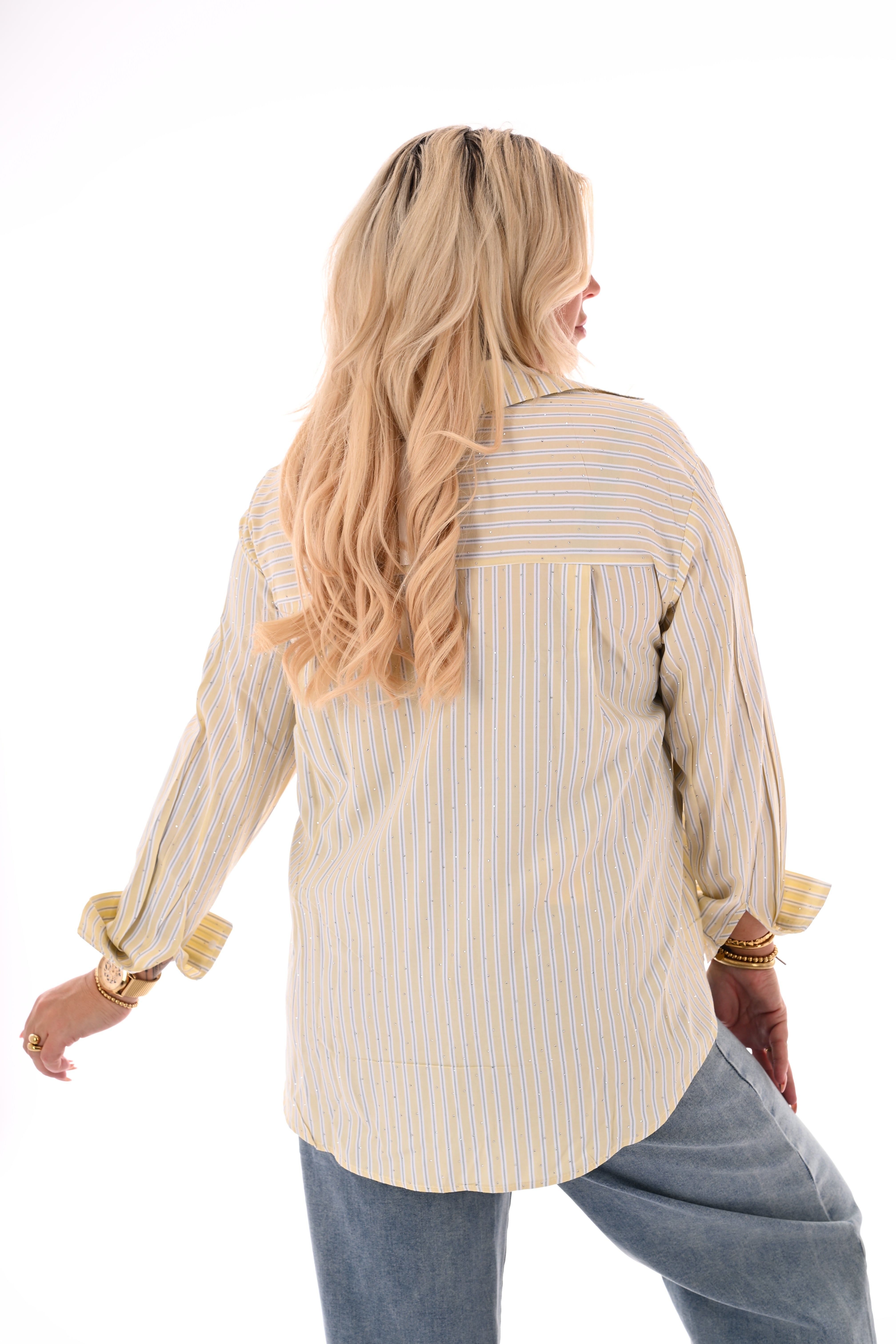 Blouse strepen strass lichtgeel