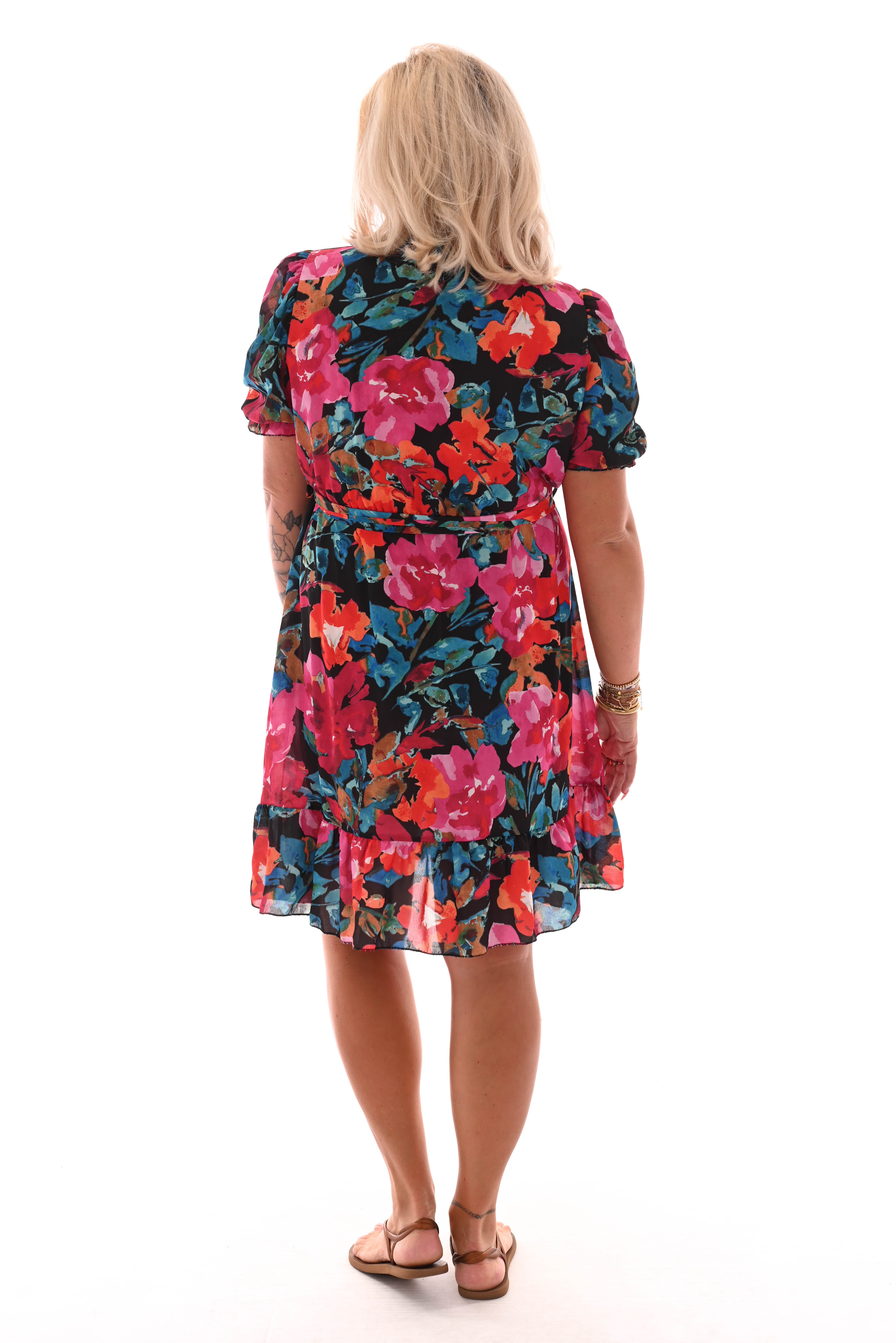 Korte jurk geplooide mouwen print gebloemd fuchsia/zwart