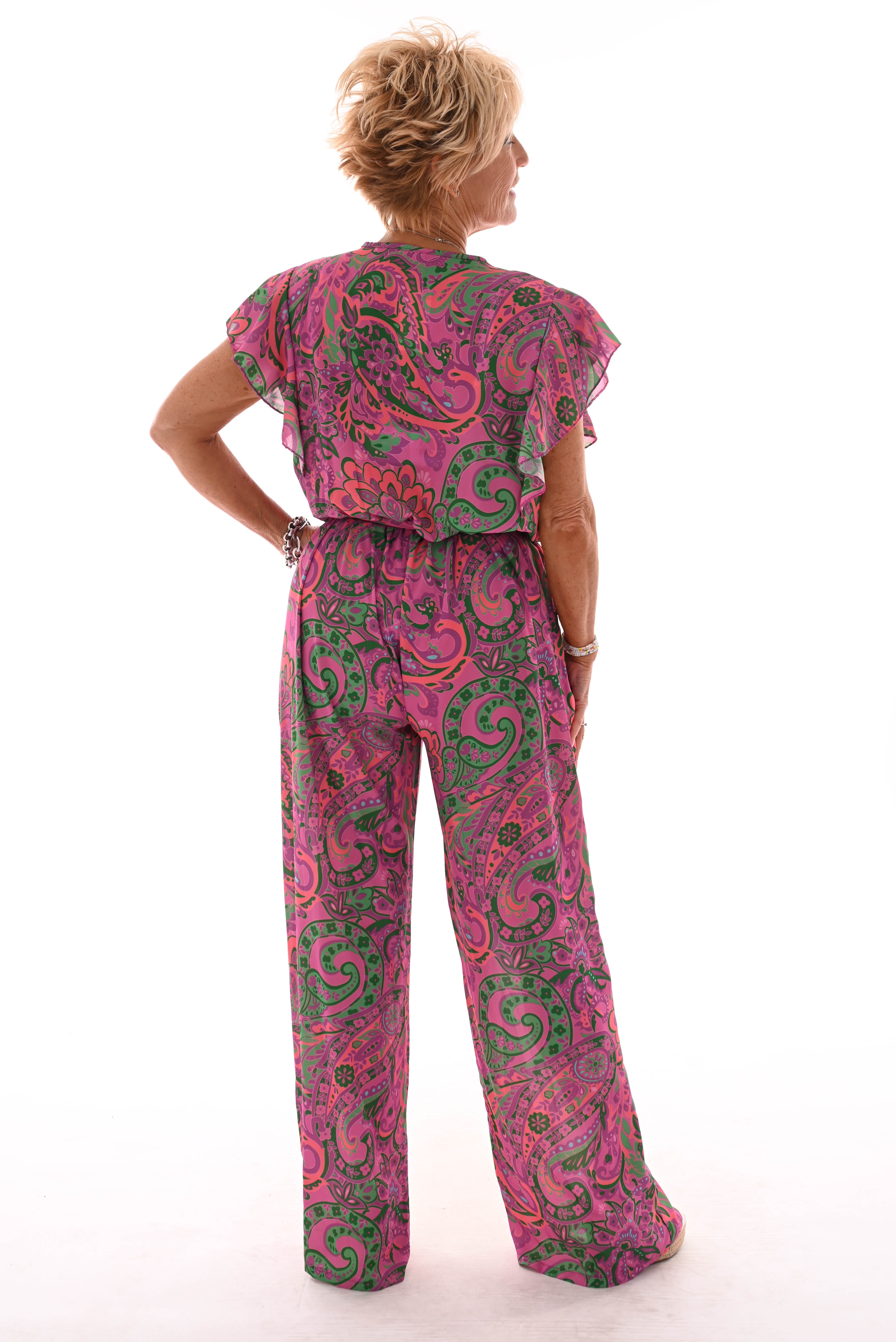 Jumpsuit korte roezel mouwen print paisley paars/groen