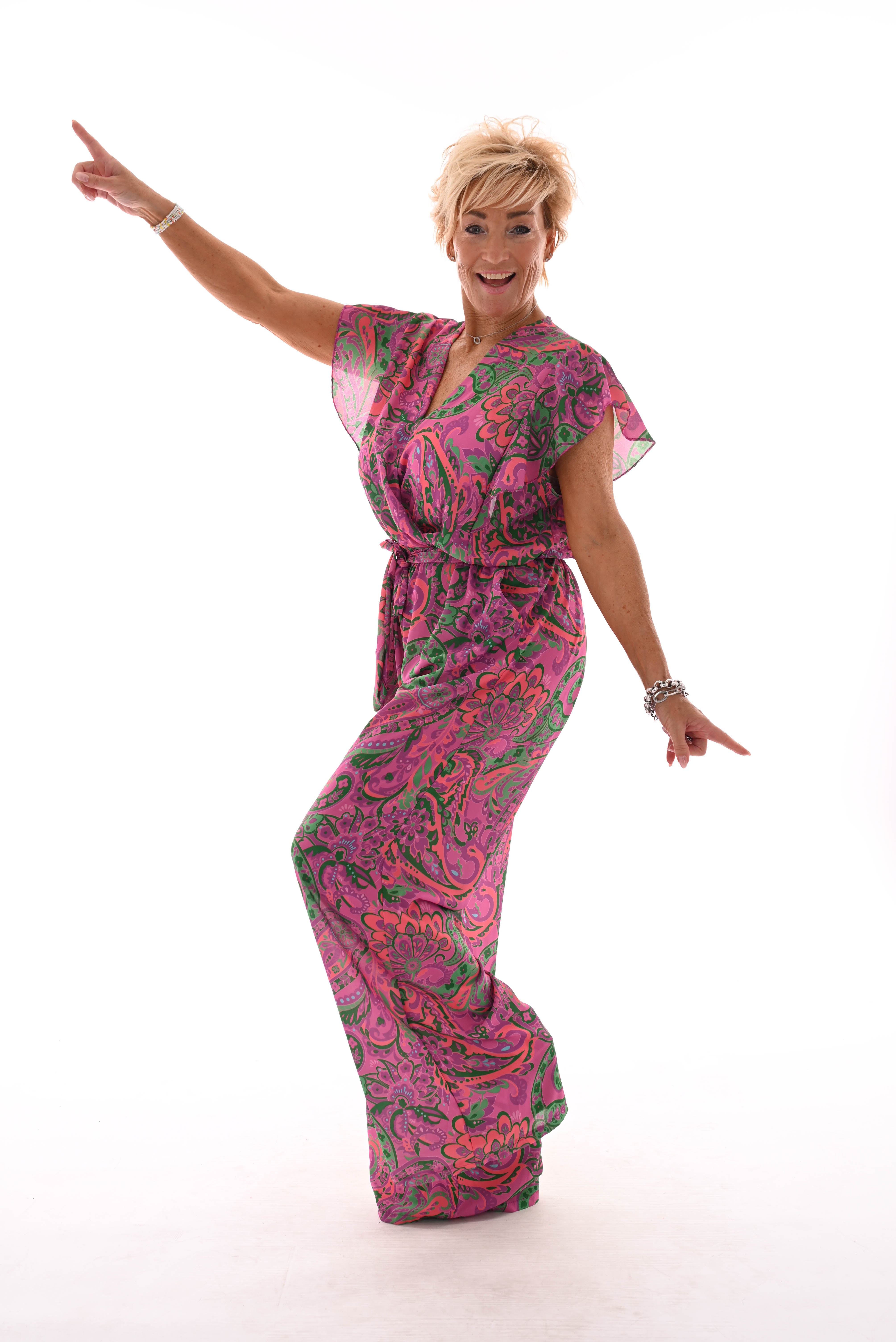 Jumpsuit korte roezel mouwen print paisley paars/groen