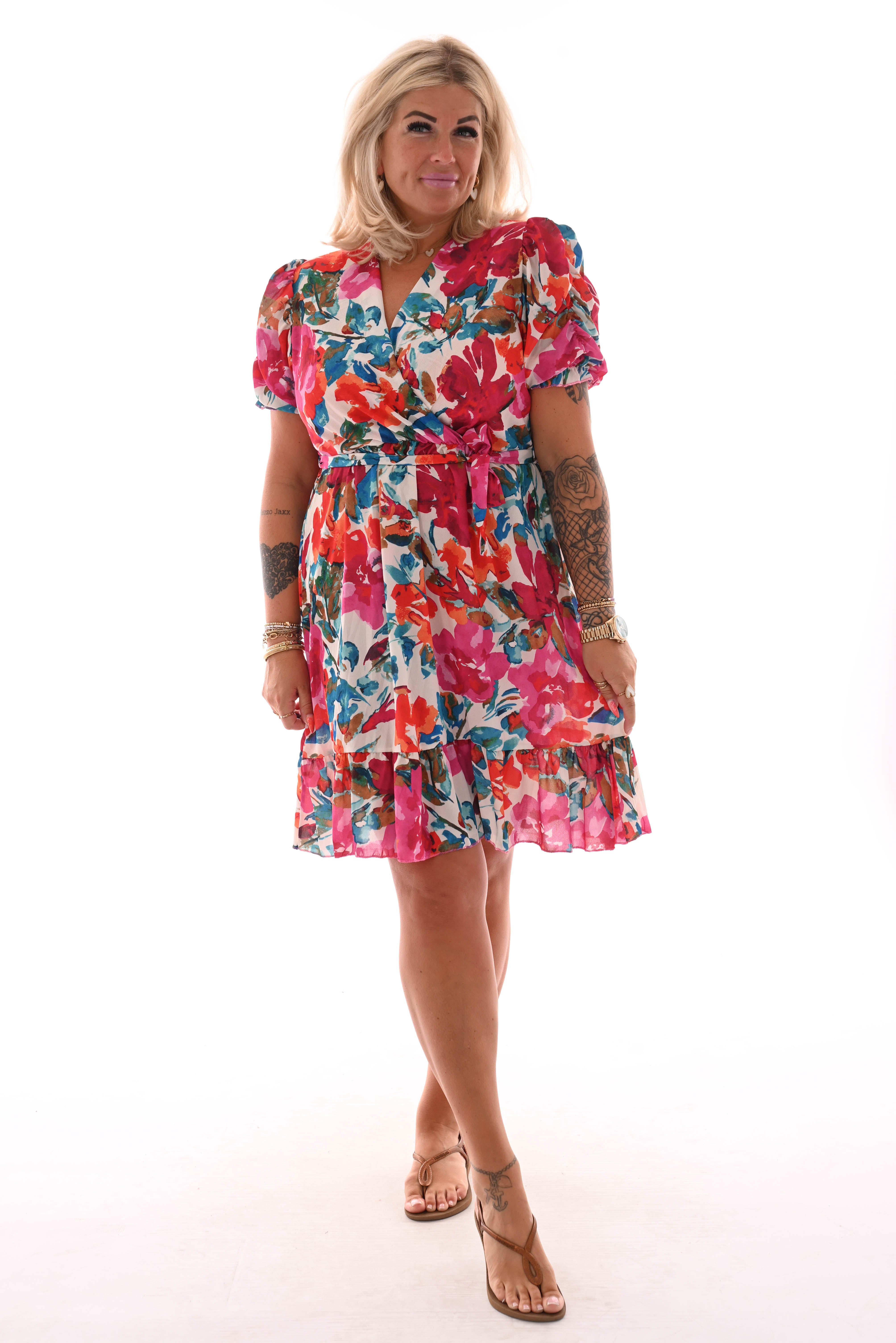 Korte jurk geplooide mouwen print gebloemd fuchsia/wit