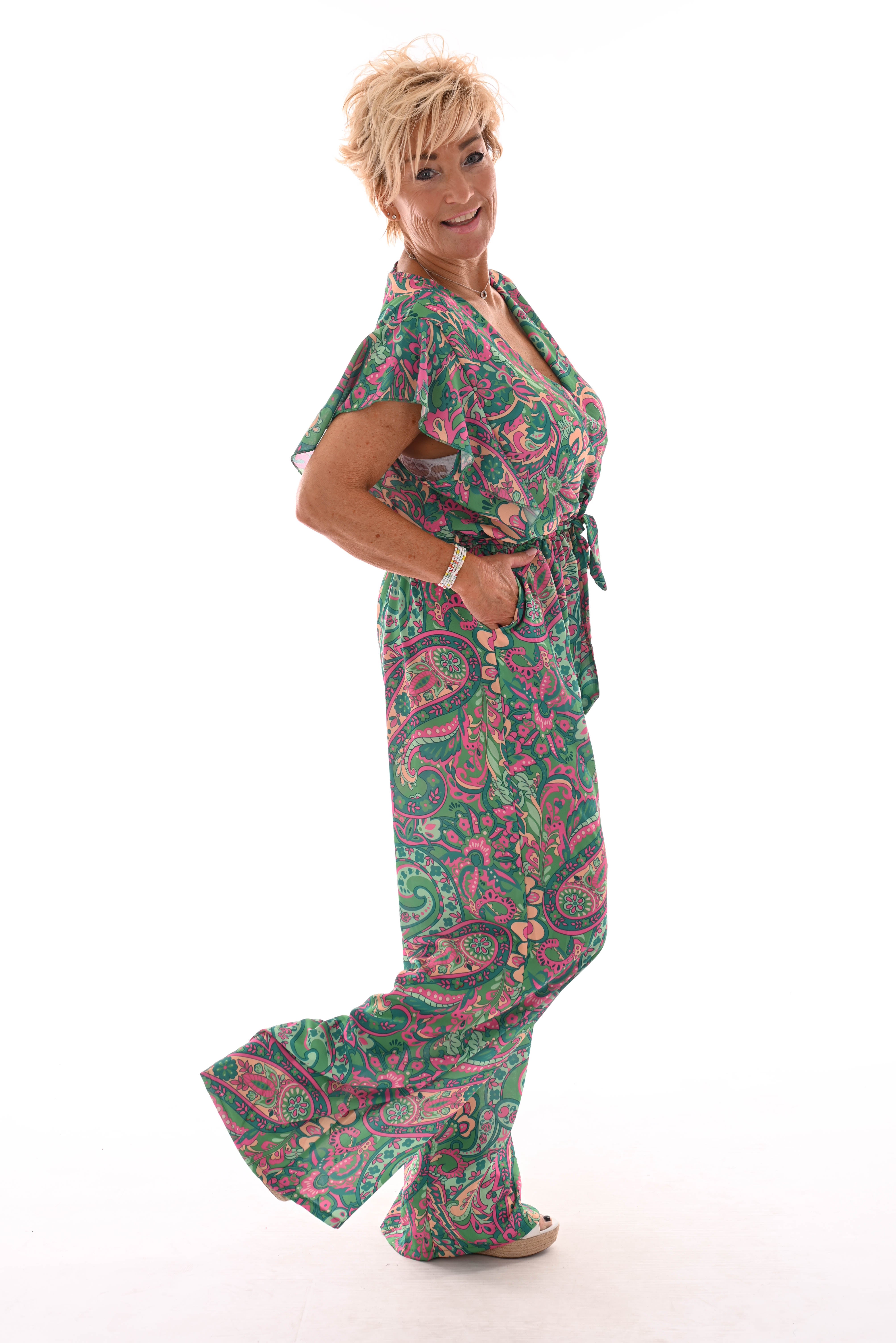 Jumpsuit korte roezel mouwen print paisley groen/fuchsia