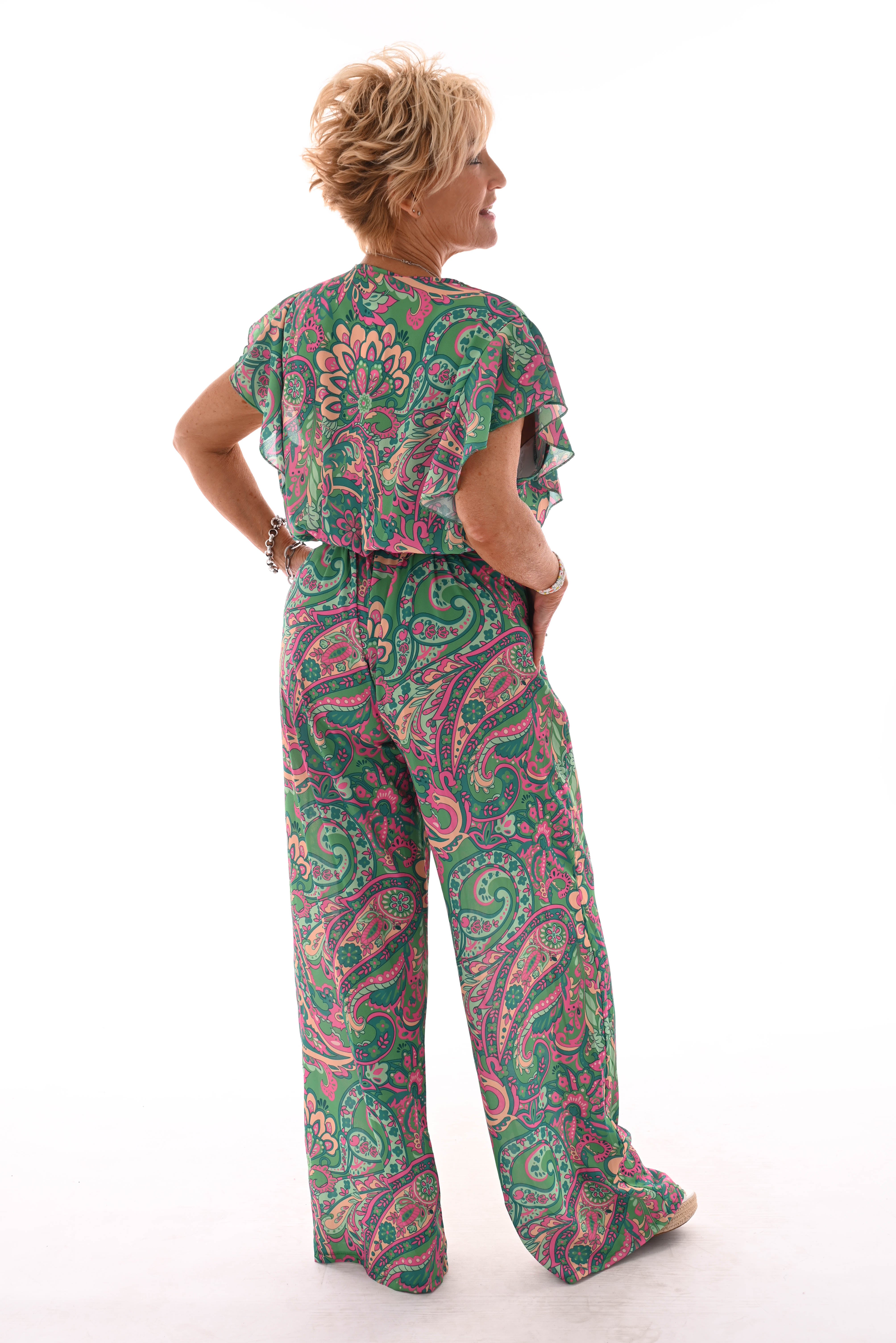 Jumpsuit korte roezel mouwen print paisley groen/fuchsia