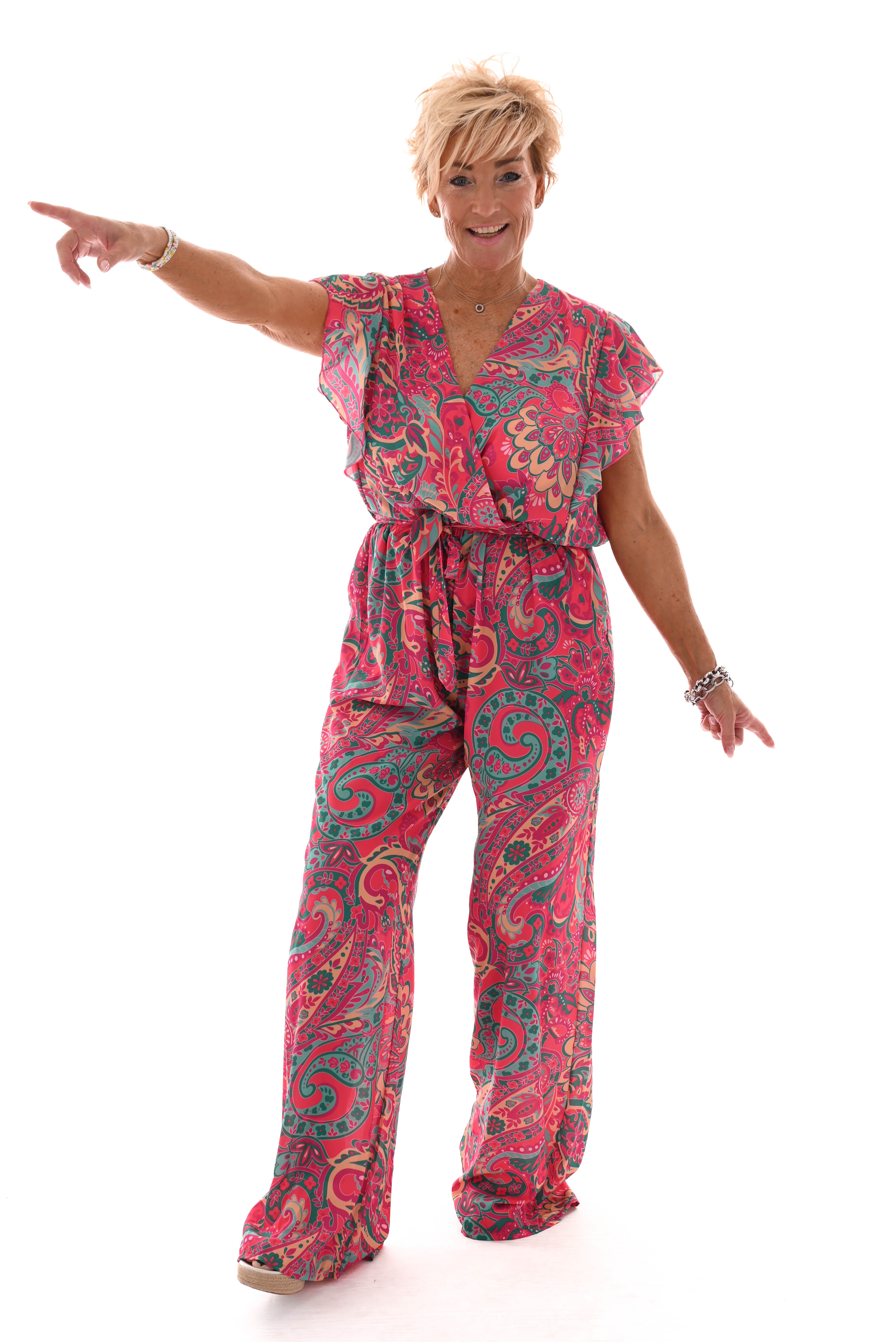 Jumpsuit korte roezel mouwen print paisley fuchsia/groen