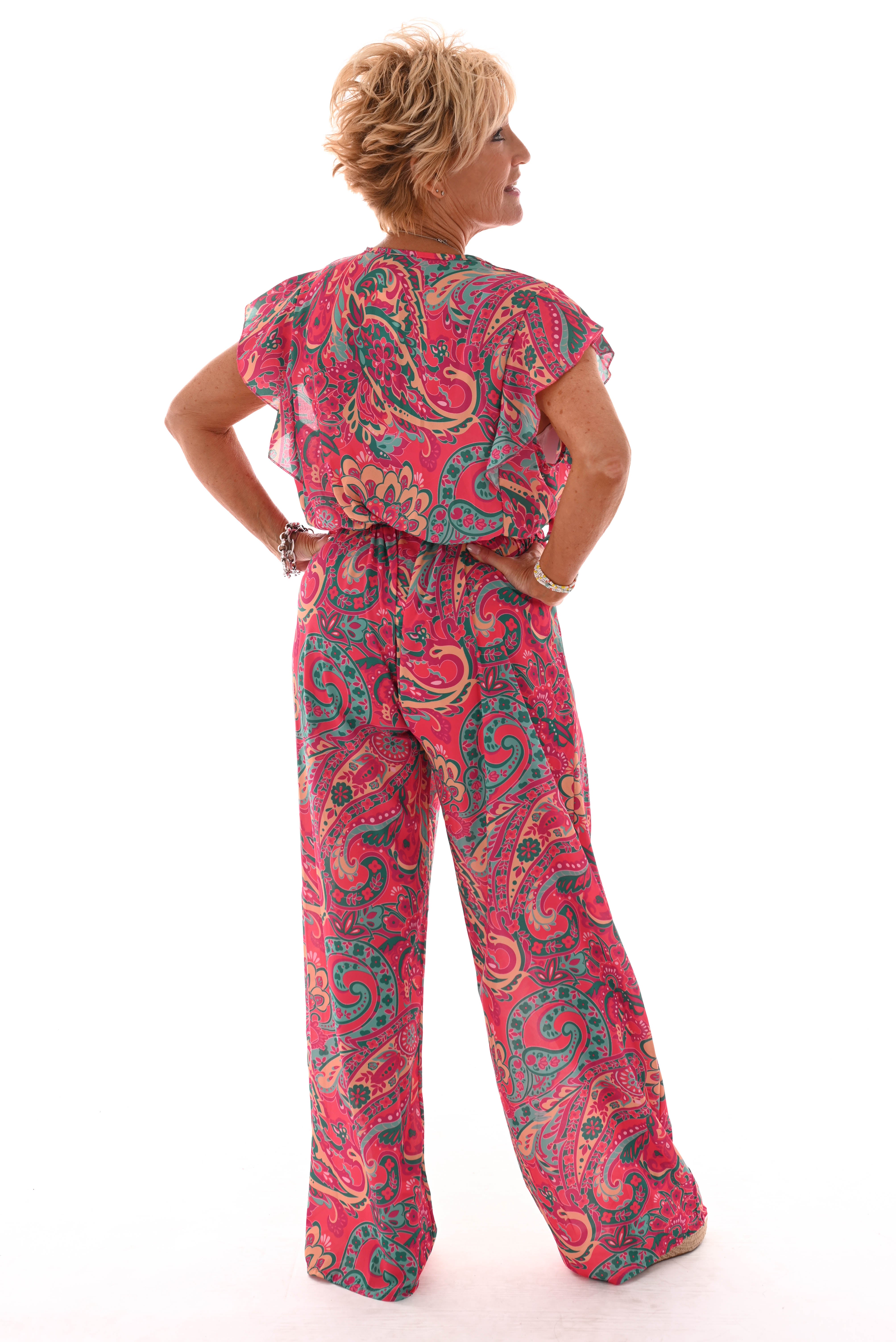 Jumpsuit korte roezel mouwen print paisley fuchsia/groen