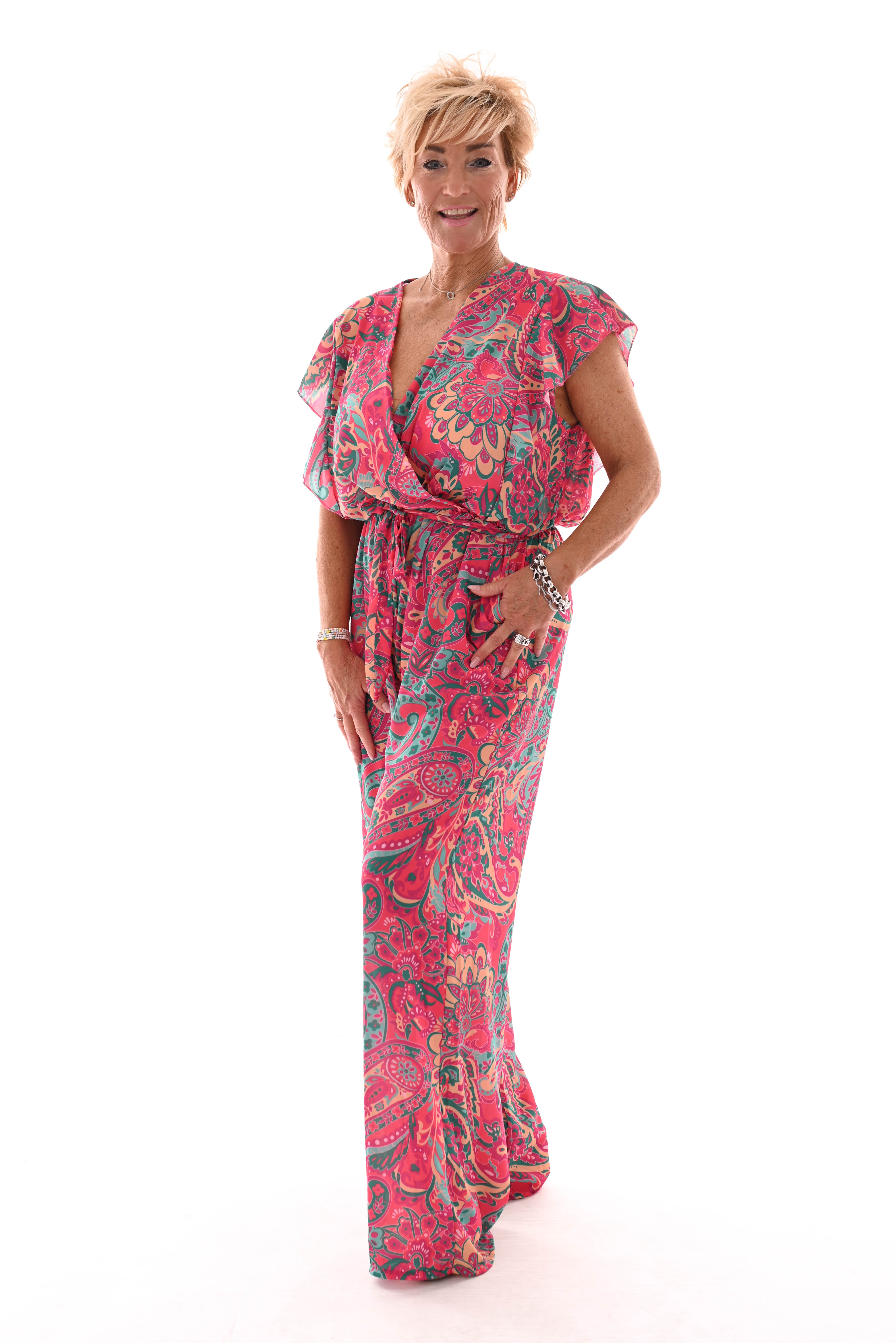 Jumpsuit korte roezel mouwen print paisley fuchsia/groen
