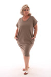 Sweaterdress v-hals korte mouwen zakken taupe
