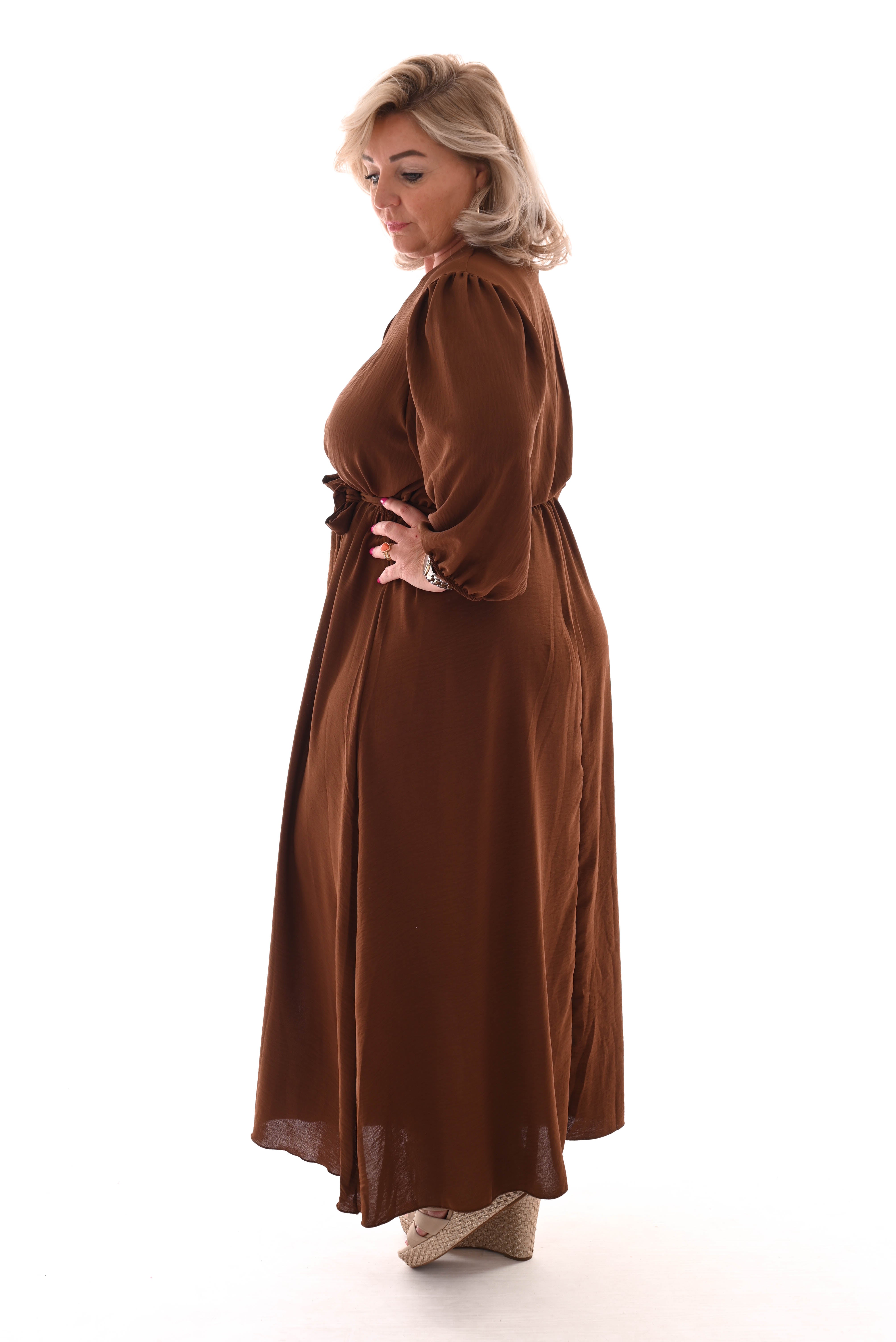 Lange jurk v-hals pofmouwen uni bruin