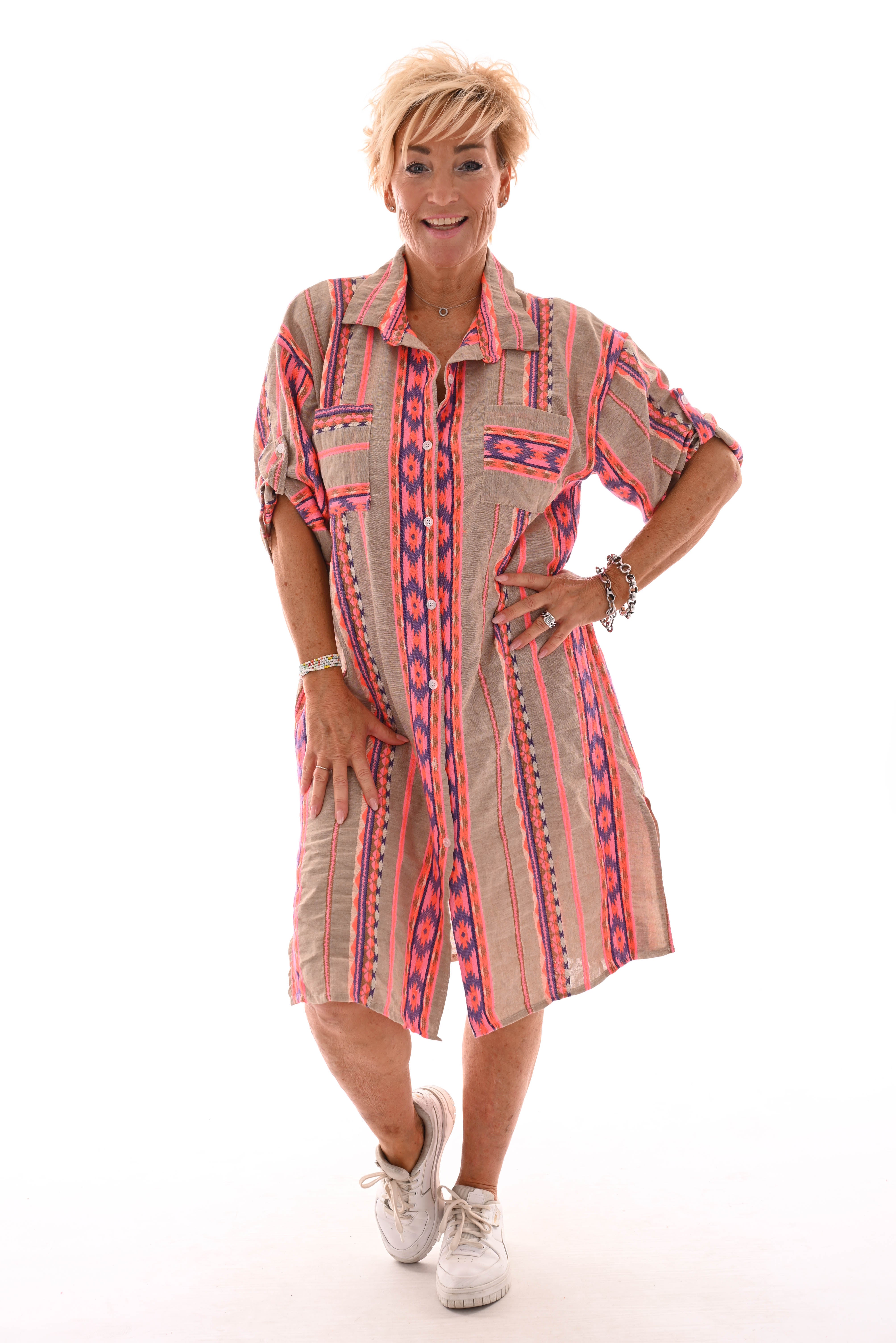 Doorknoop jurk Aztec taupe/felroze