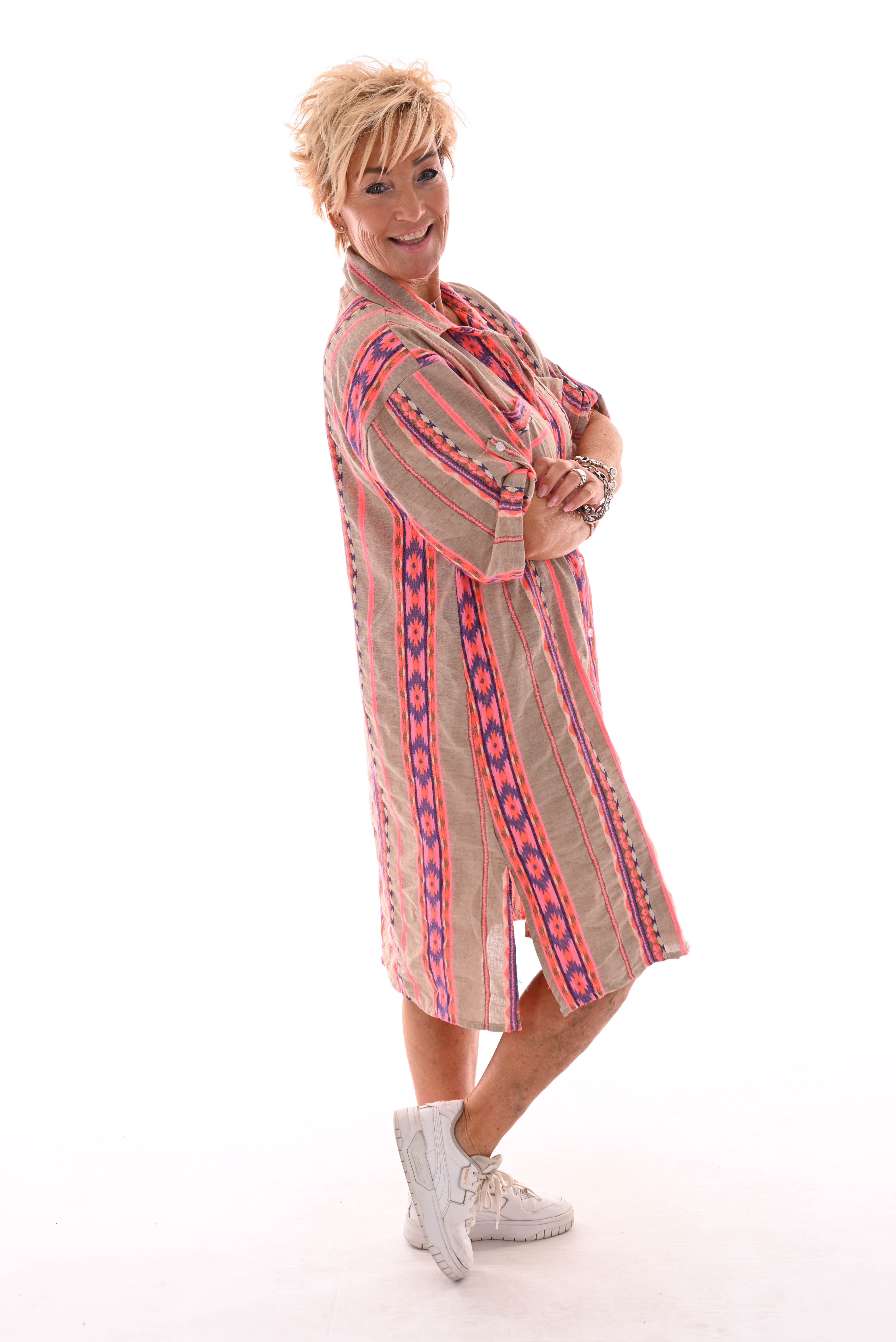 Doorknoop jurk Aztec taupe/felroze