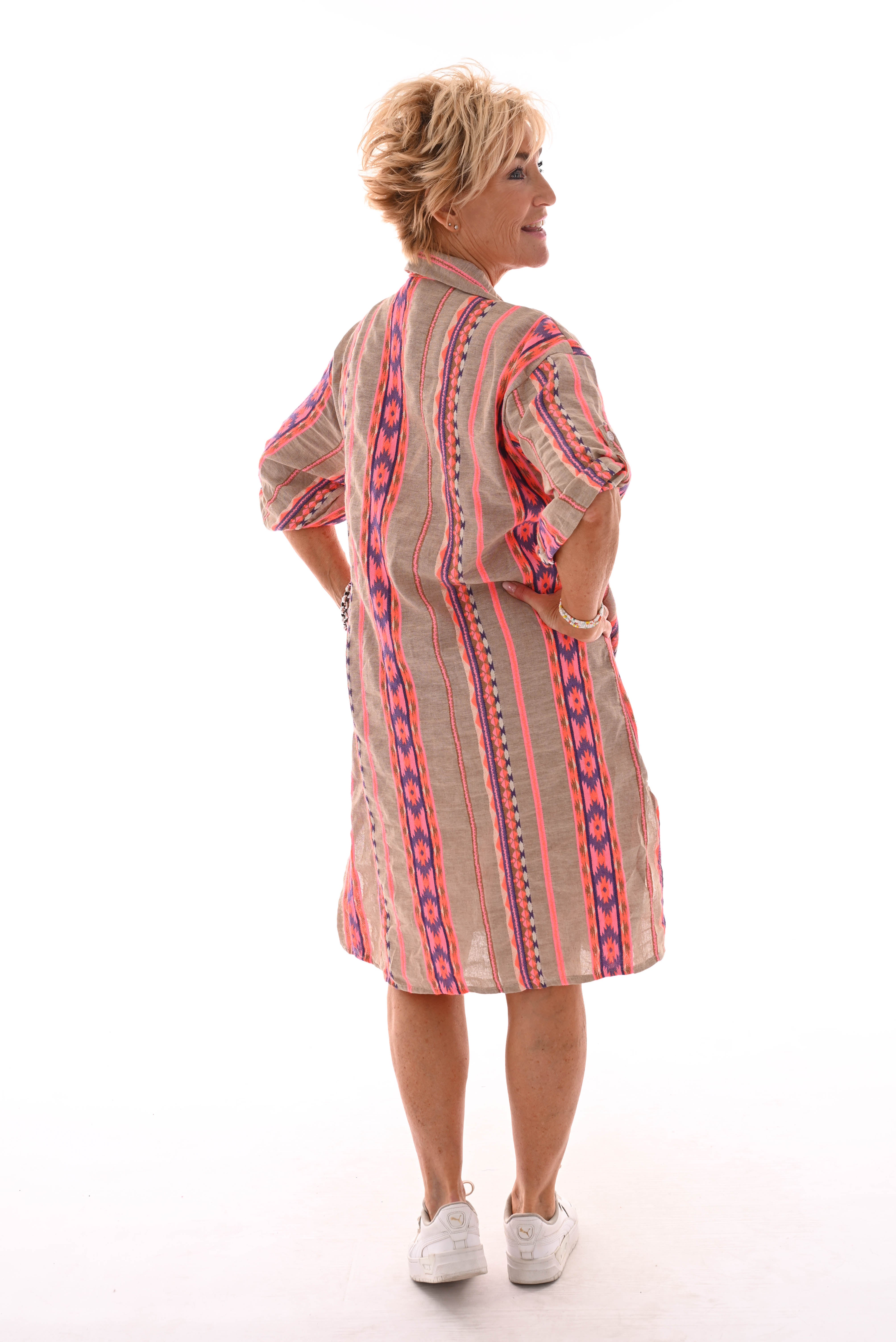 Doorknoop jurk Aztec taupe/felroze