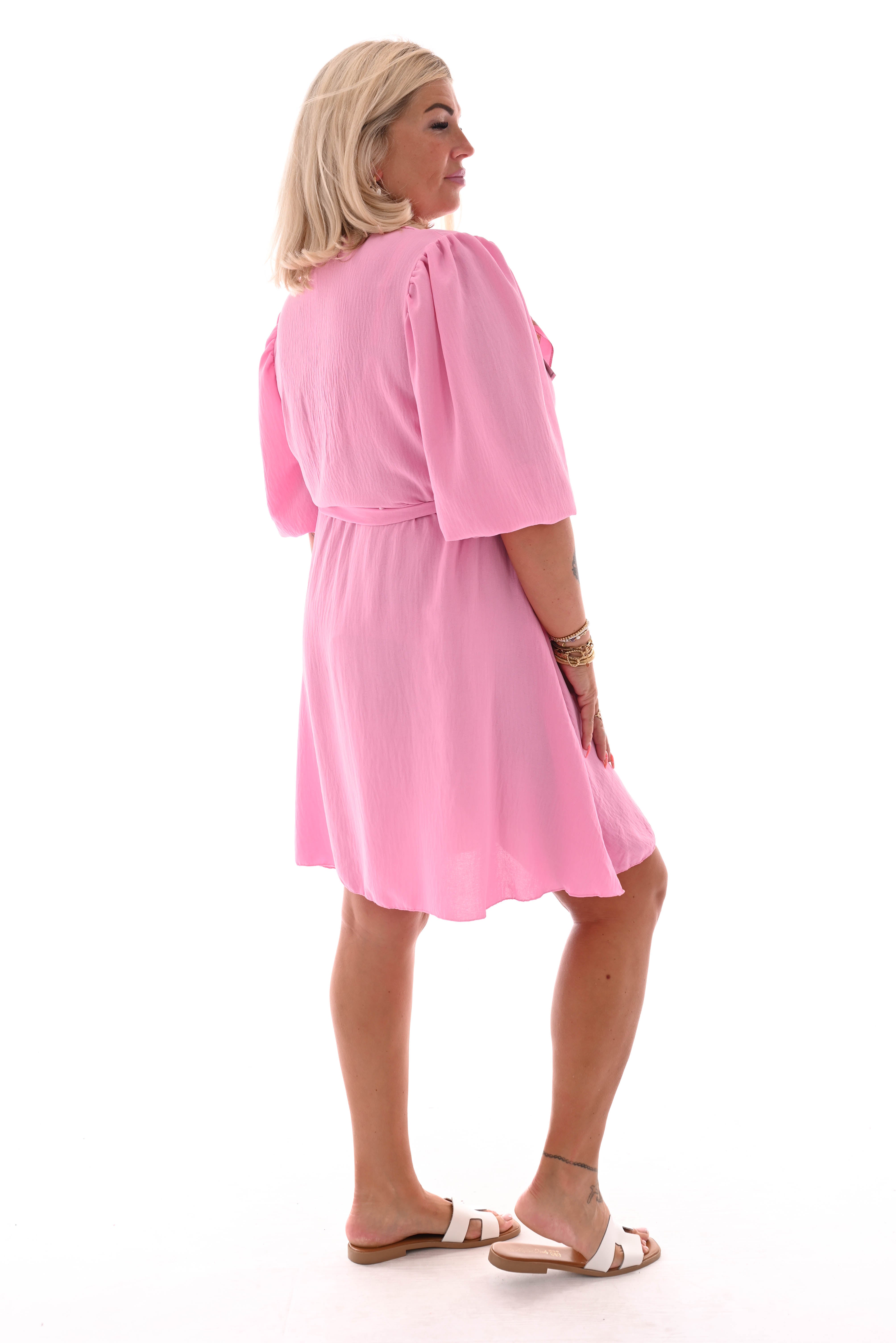 Korte jurk v-hals pofmouwen uni roze
