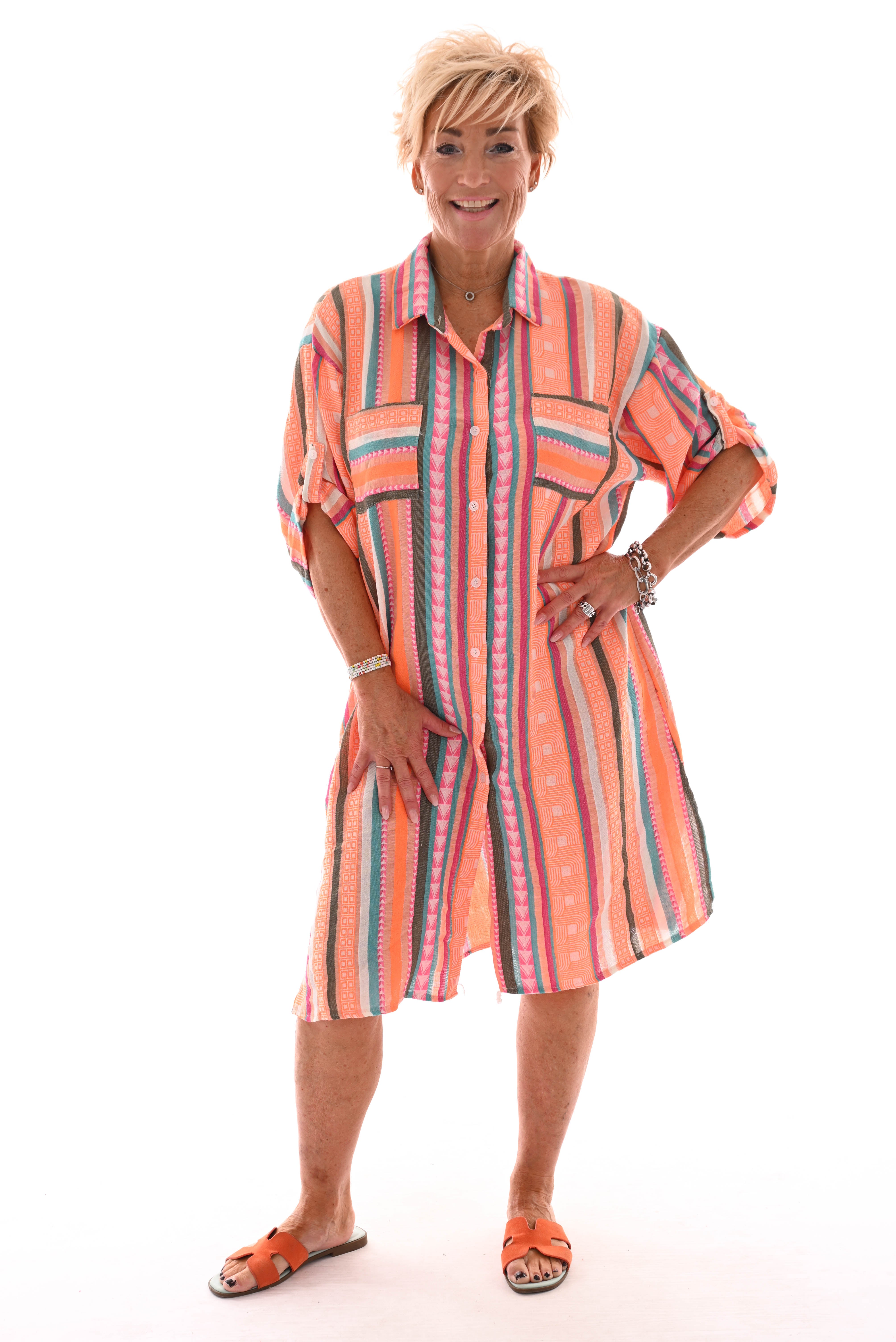 Doorknoop jurk Aztec oranje/legergroen