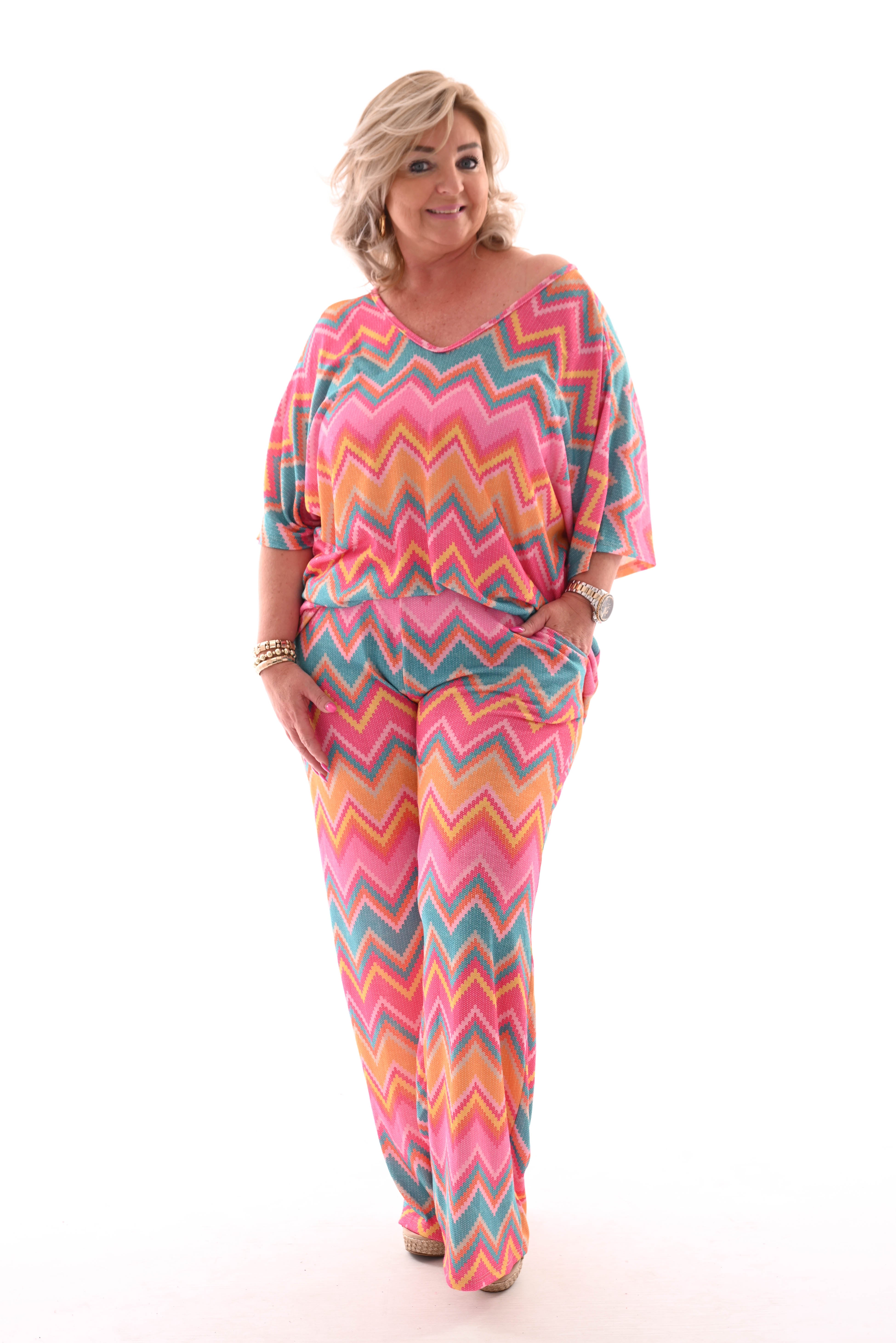Tweedelig set zigzag roze/turquoise