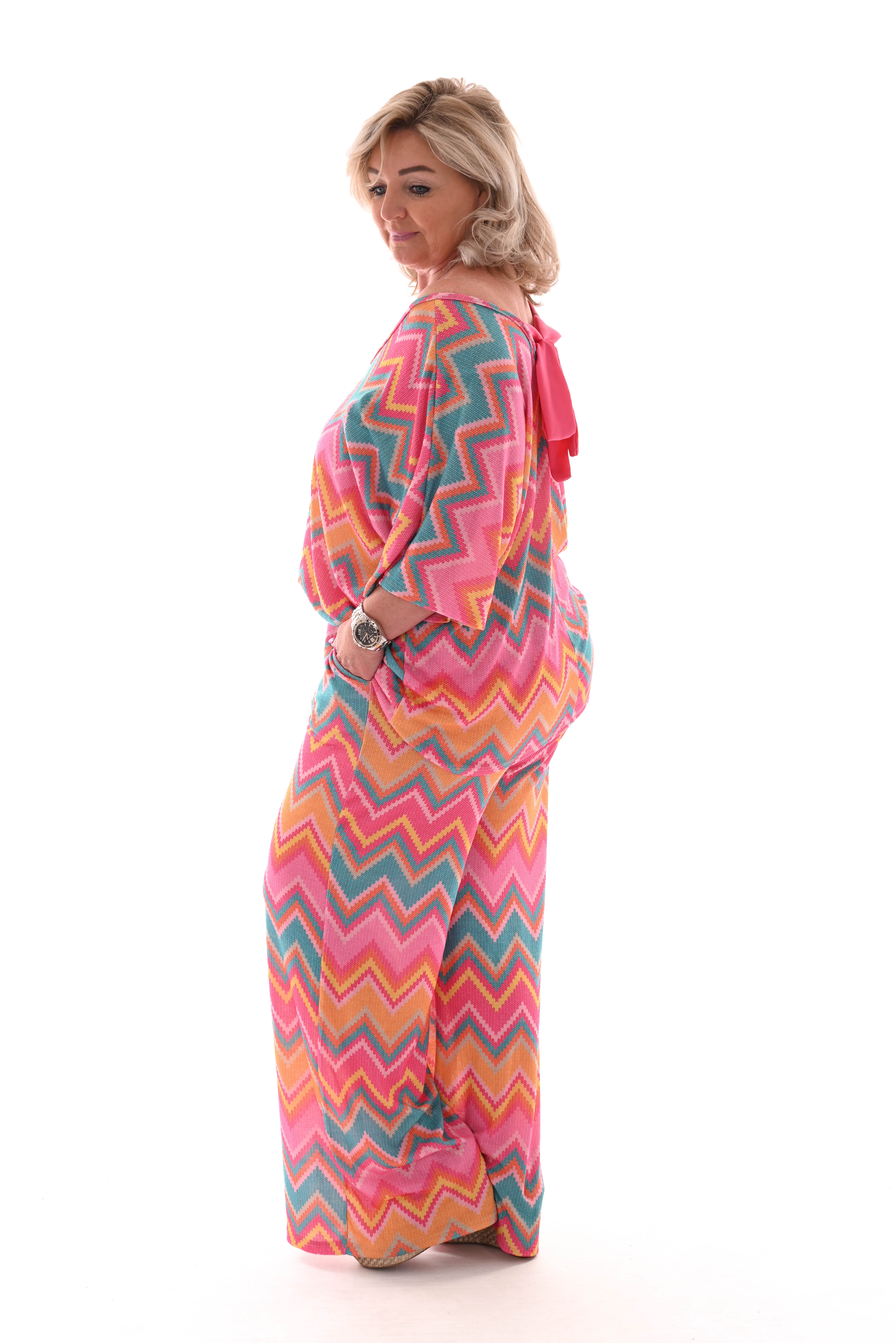 Tweedelig set zigzag roze/turquoise
