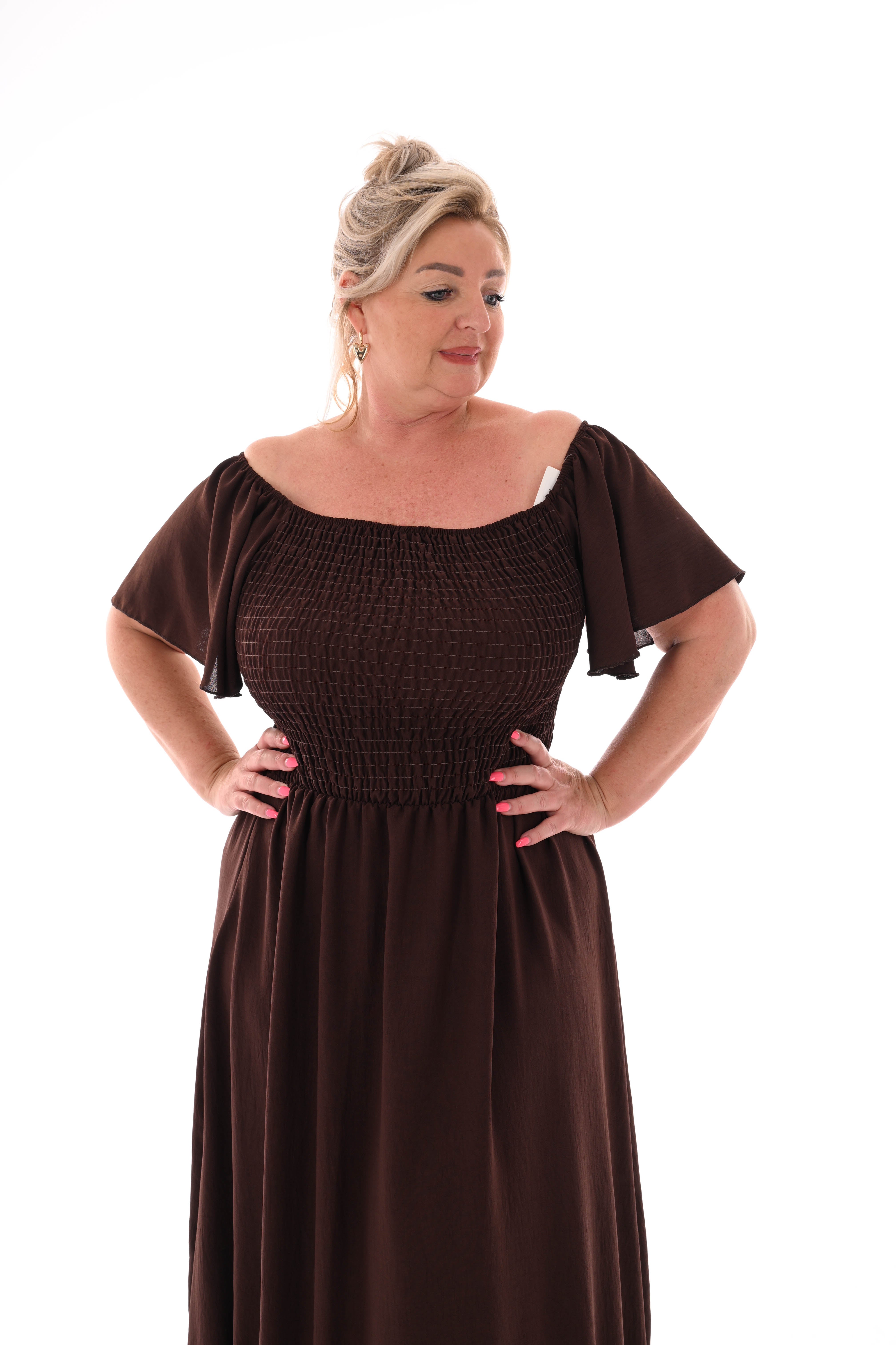 Maxi jurk smock uni bruin