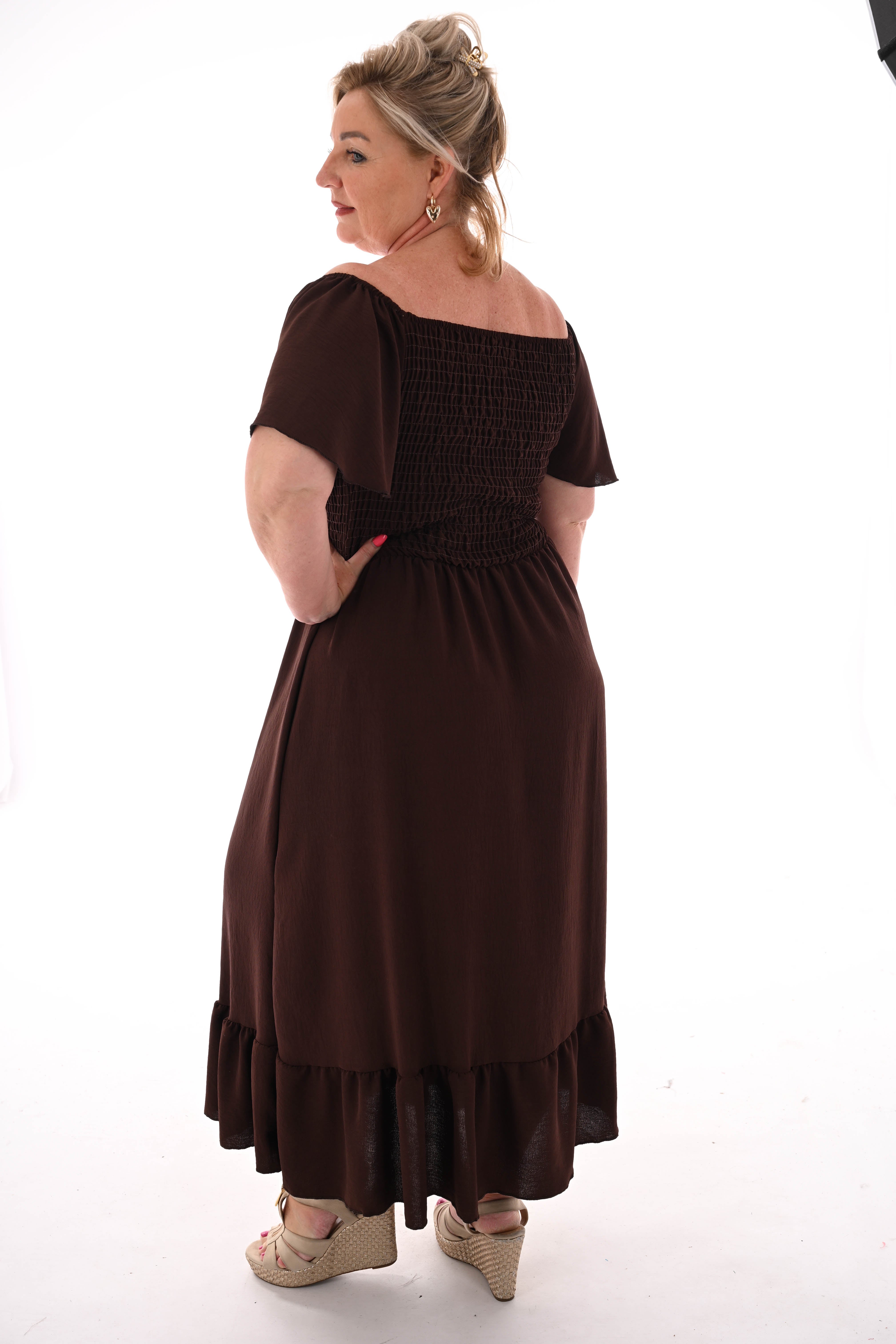 Maxi jurk smock uni bruin