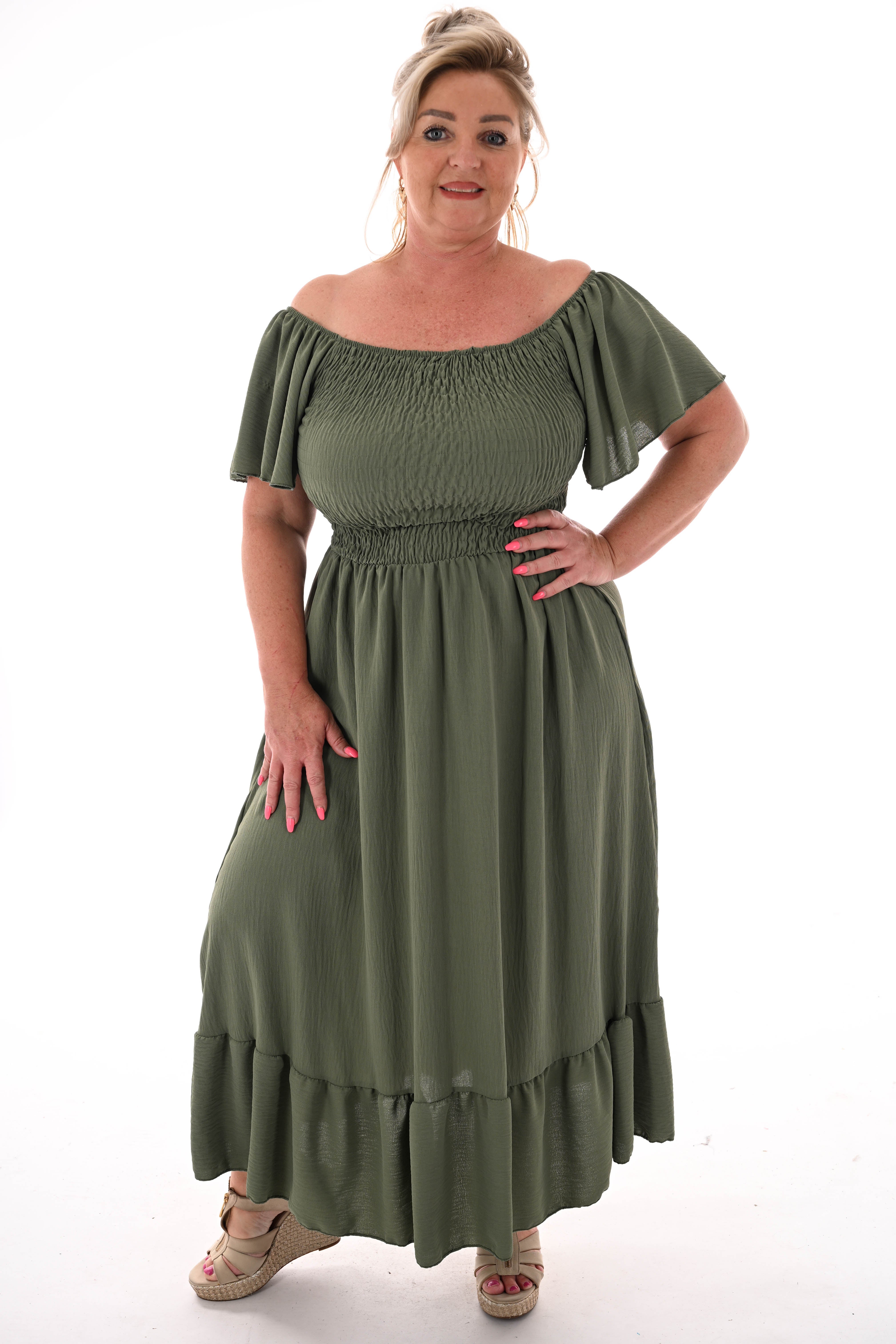 Maxi jurk smock uni legergroen