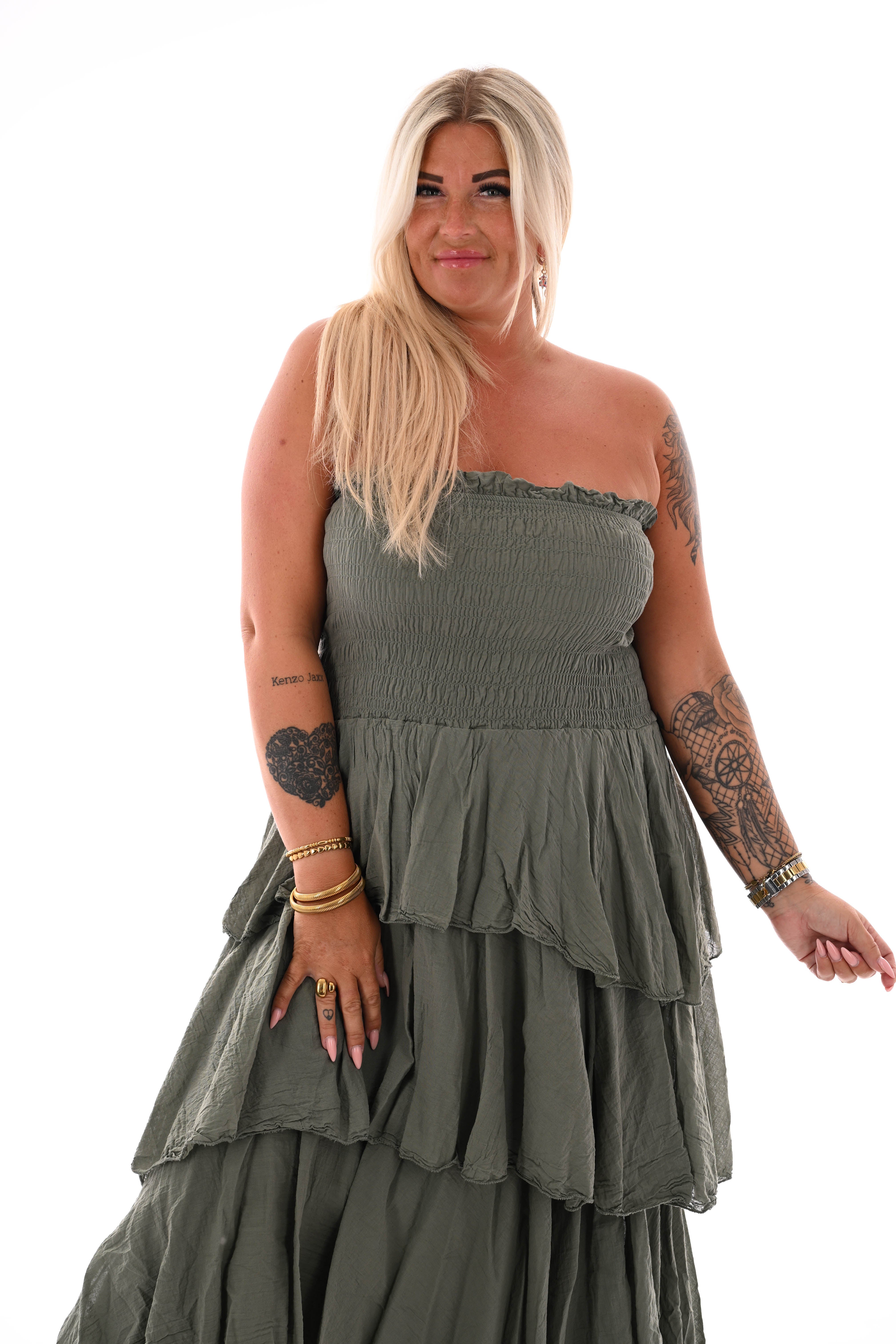 Off-shoulder jurk stroken legergroen