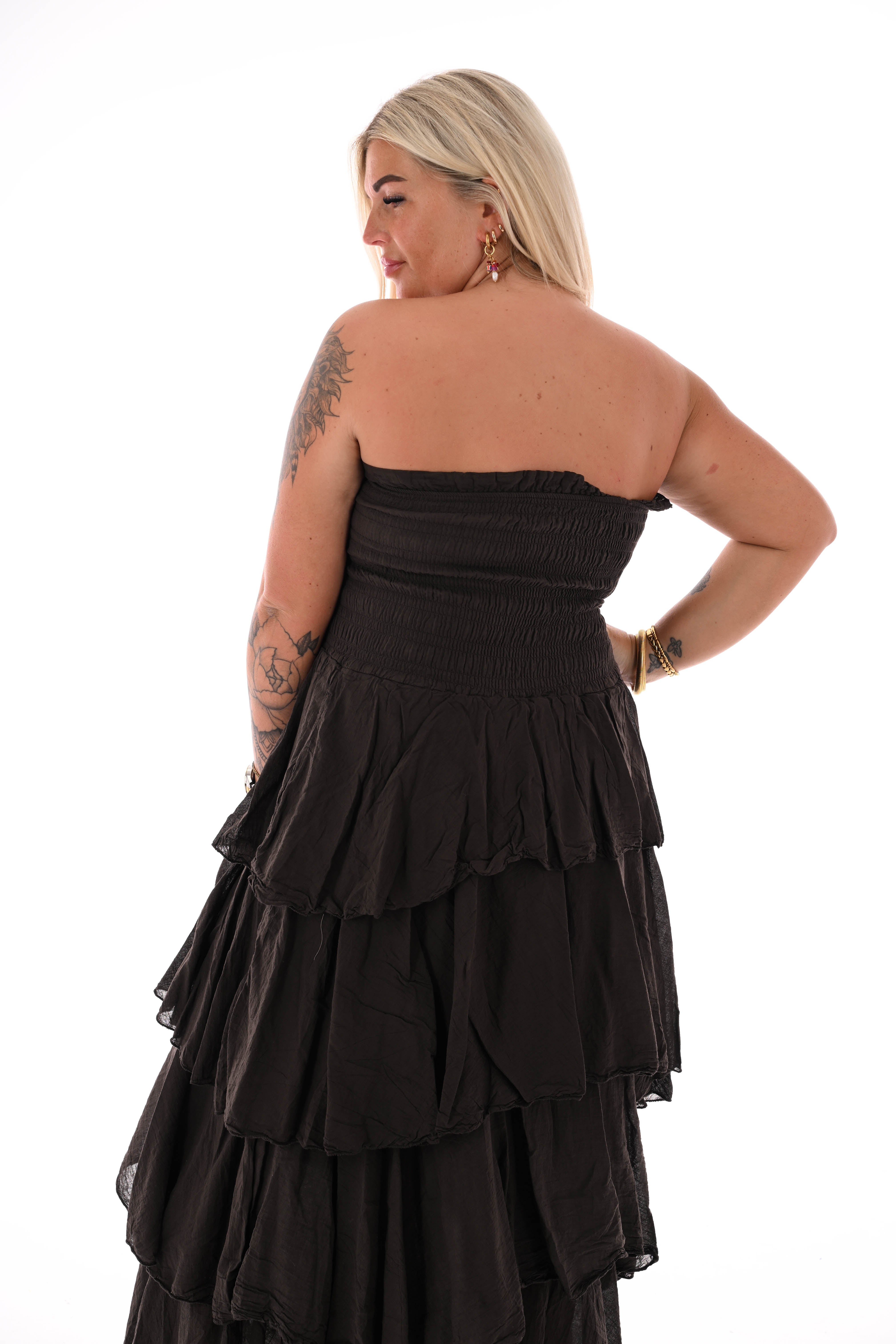 Off-shoulder jurk stroken donkerbruin