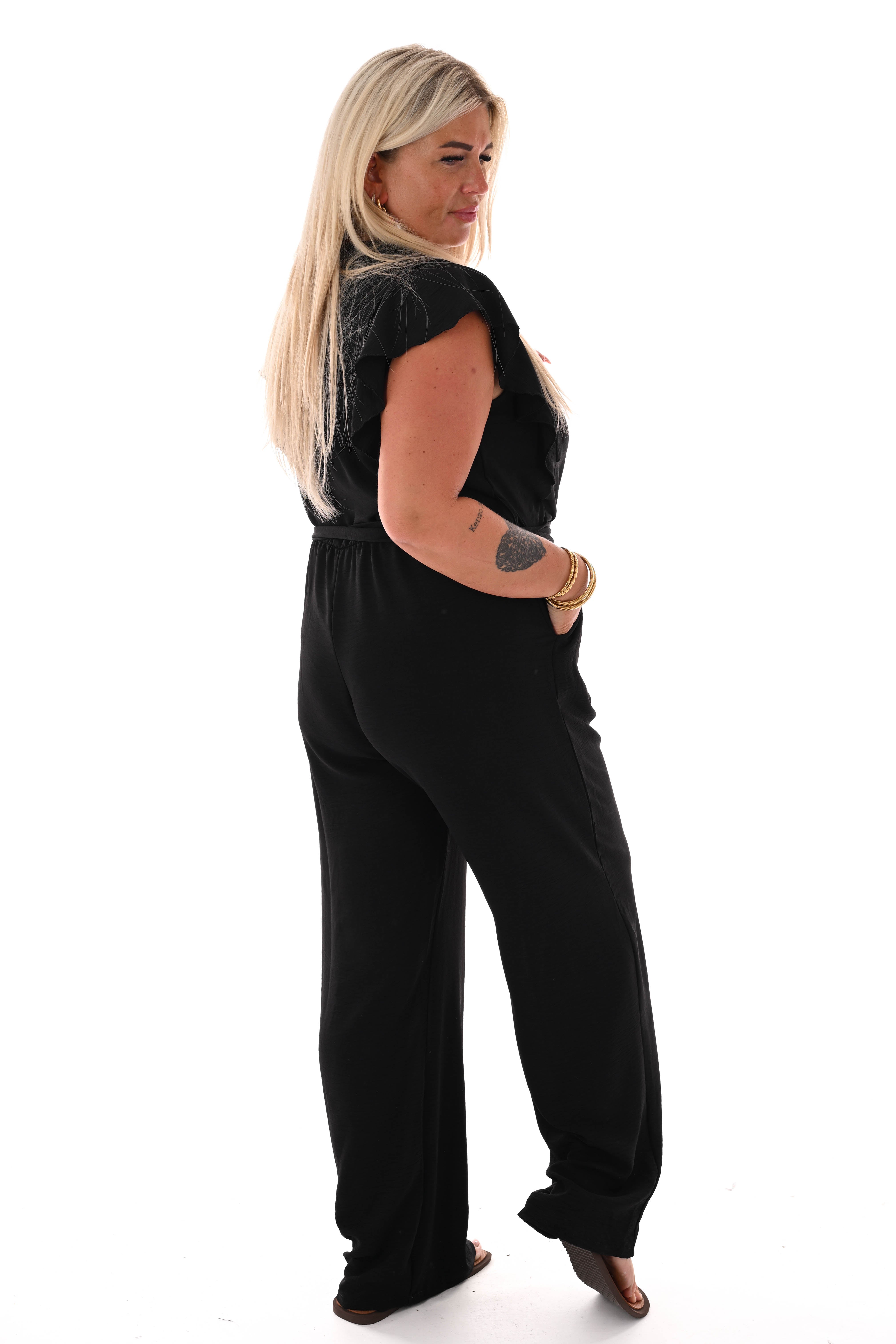 Jumpsuit korte roezelmouwen uni zwart