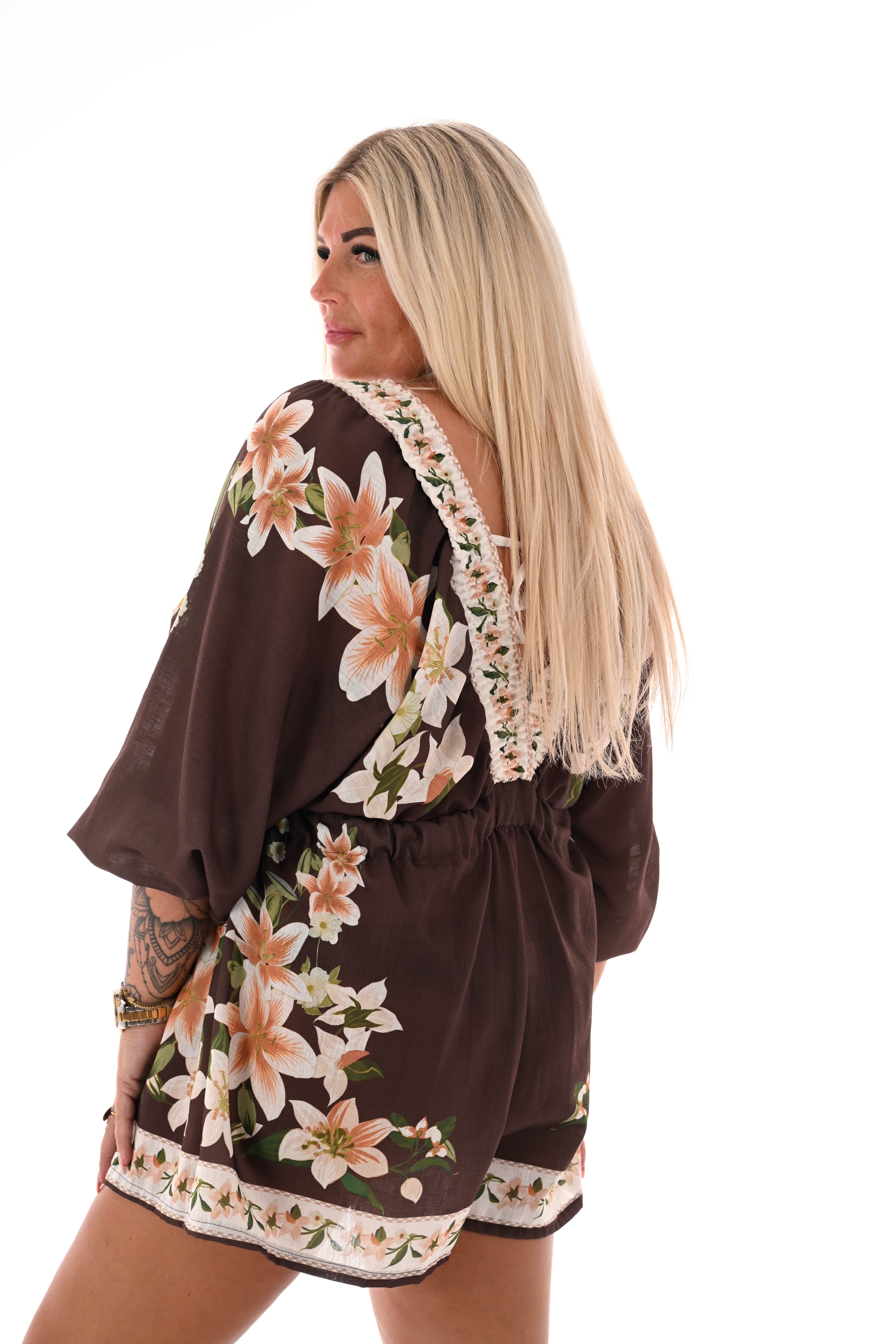 Playsuit lelies v-hals donkerbruin