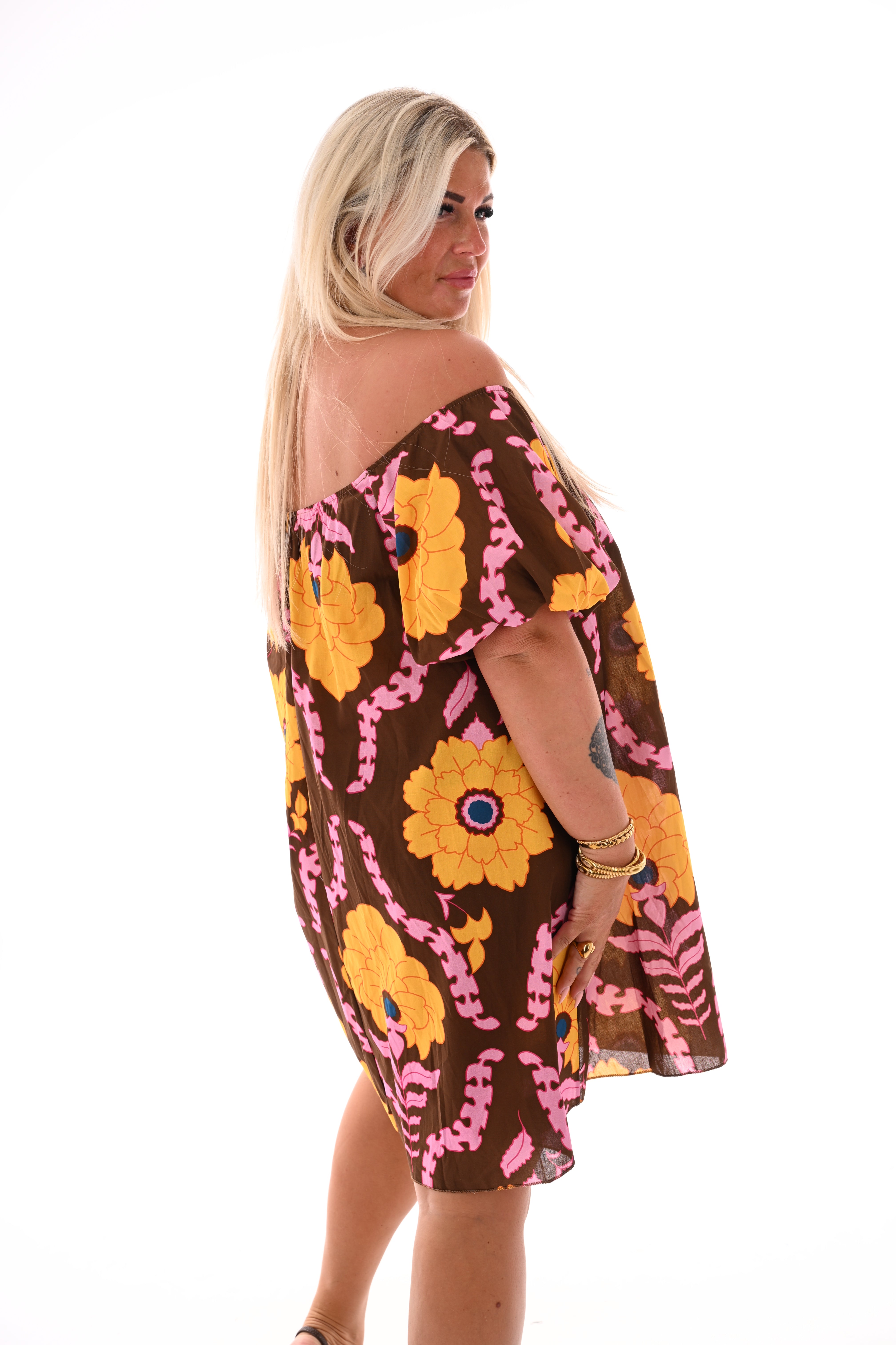 Off-shoulder jurk korte pofmouwen bloemen bruin/geel