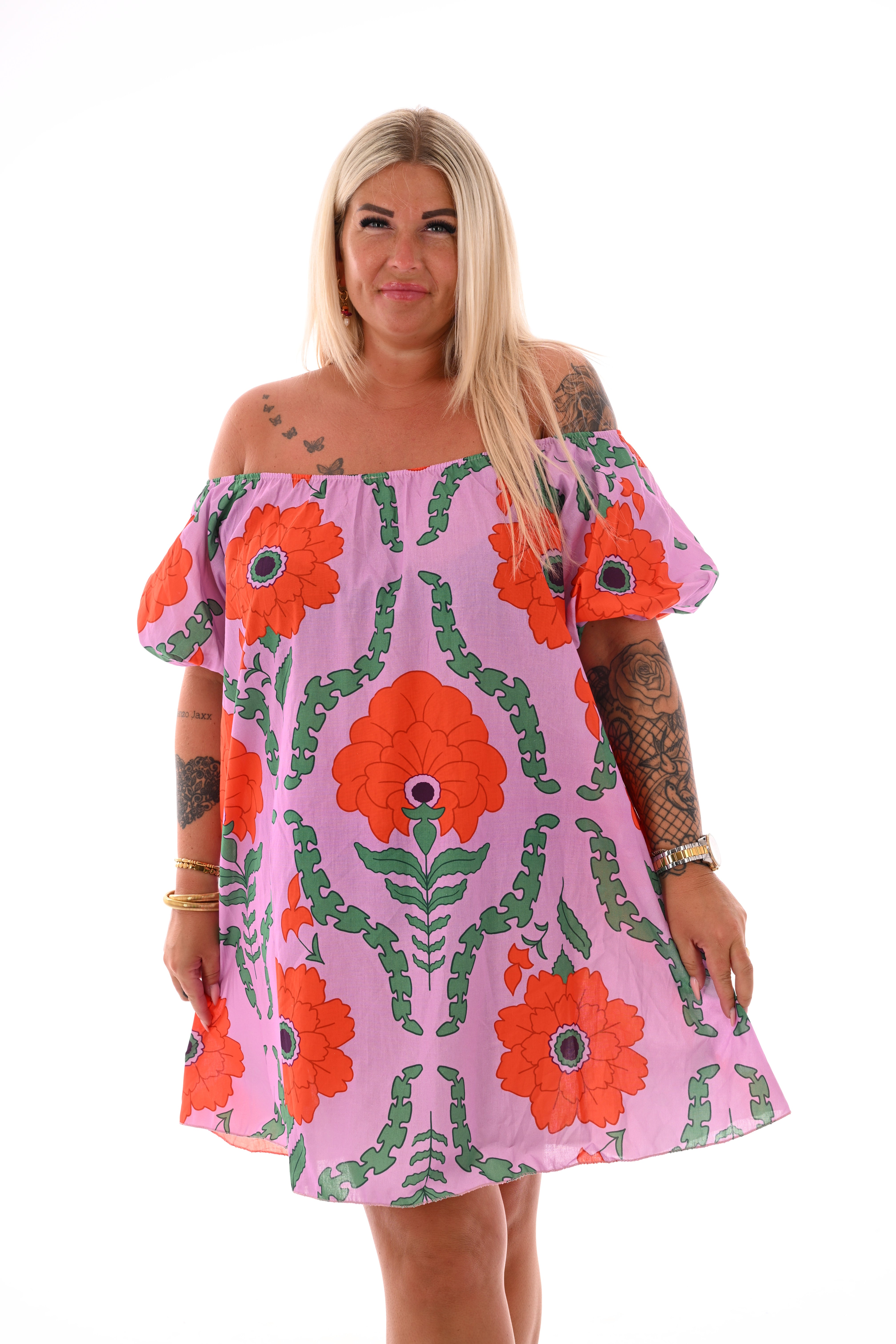 Off-shoulder jurk korte pofmouwen bloemen lila/oranje