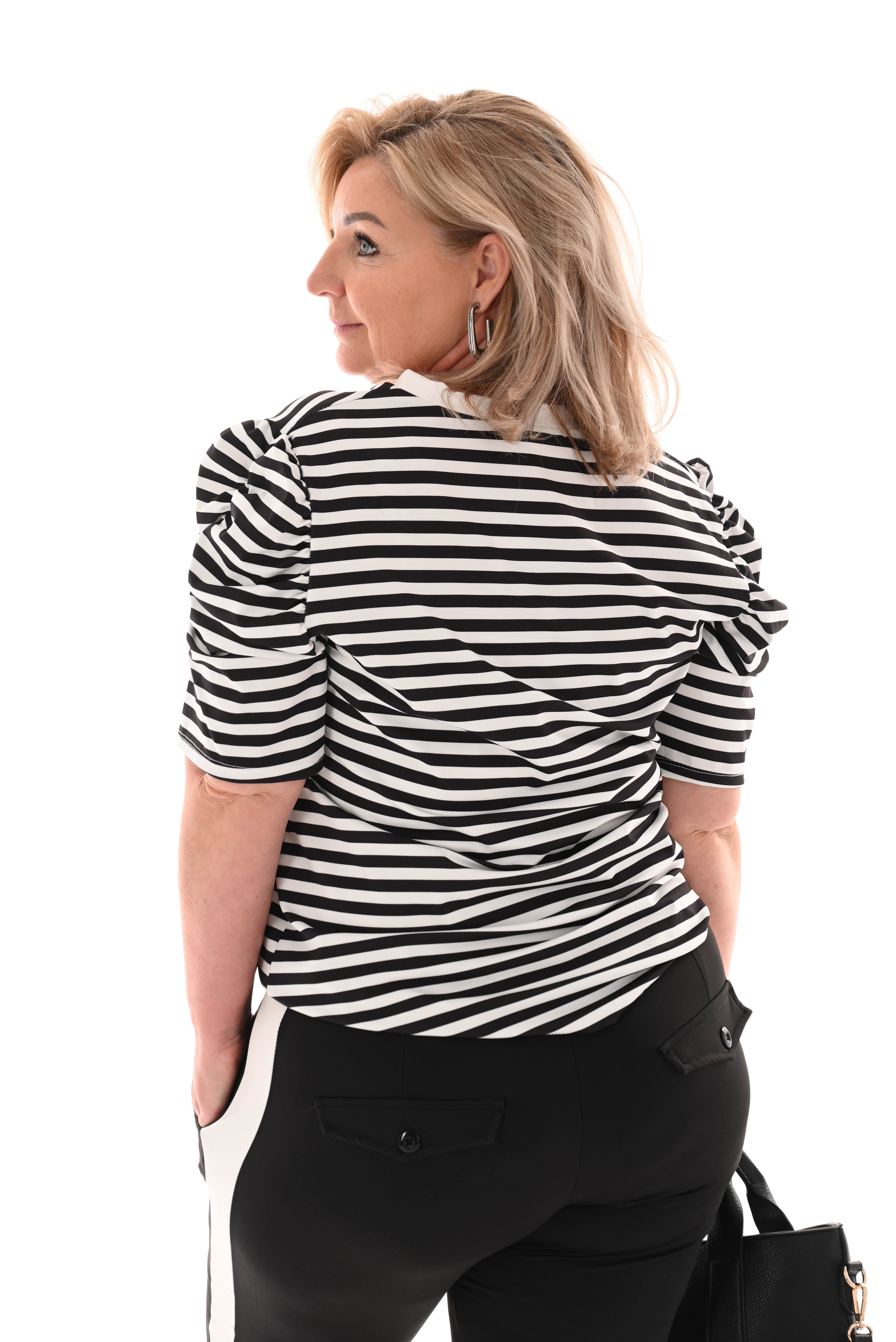 Shirt korte pofmouwen gestreept zwart