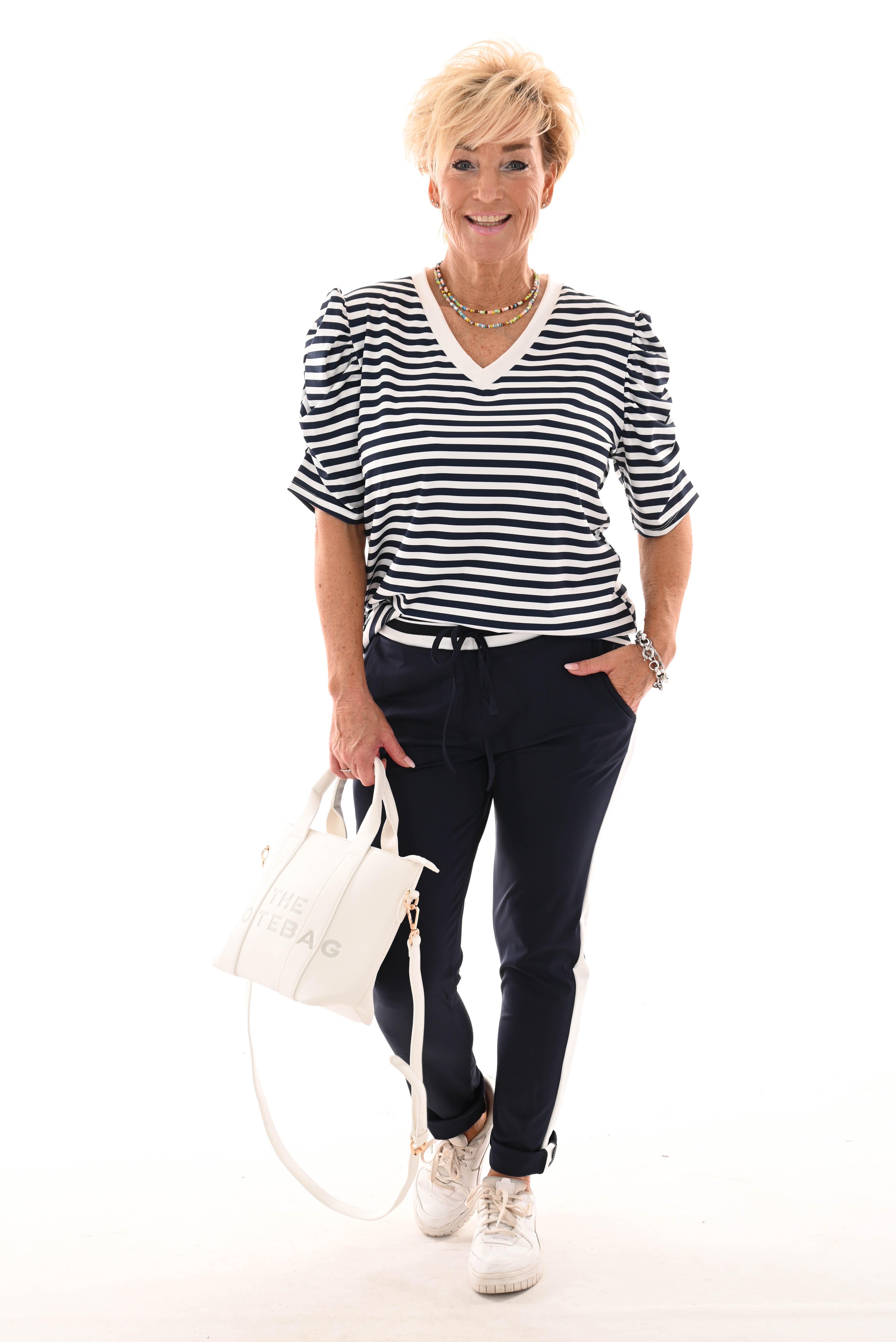 Shirt korte pofmouwen gestreept marineblauw