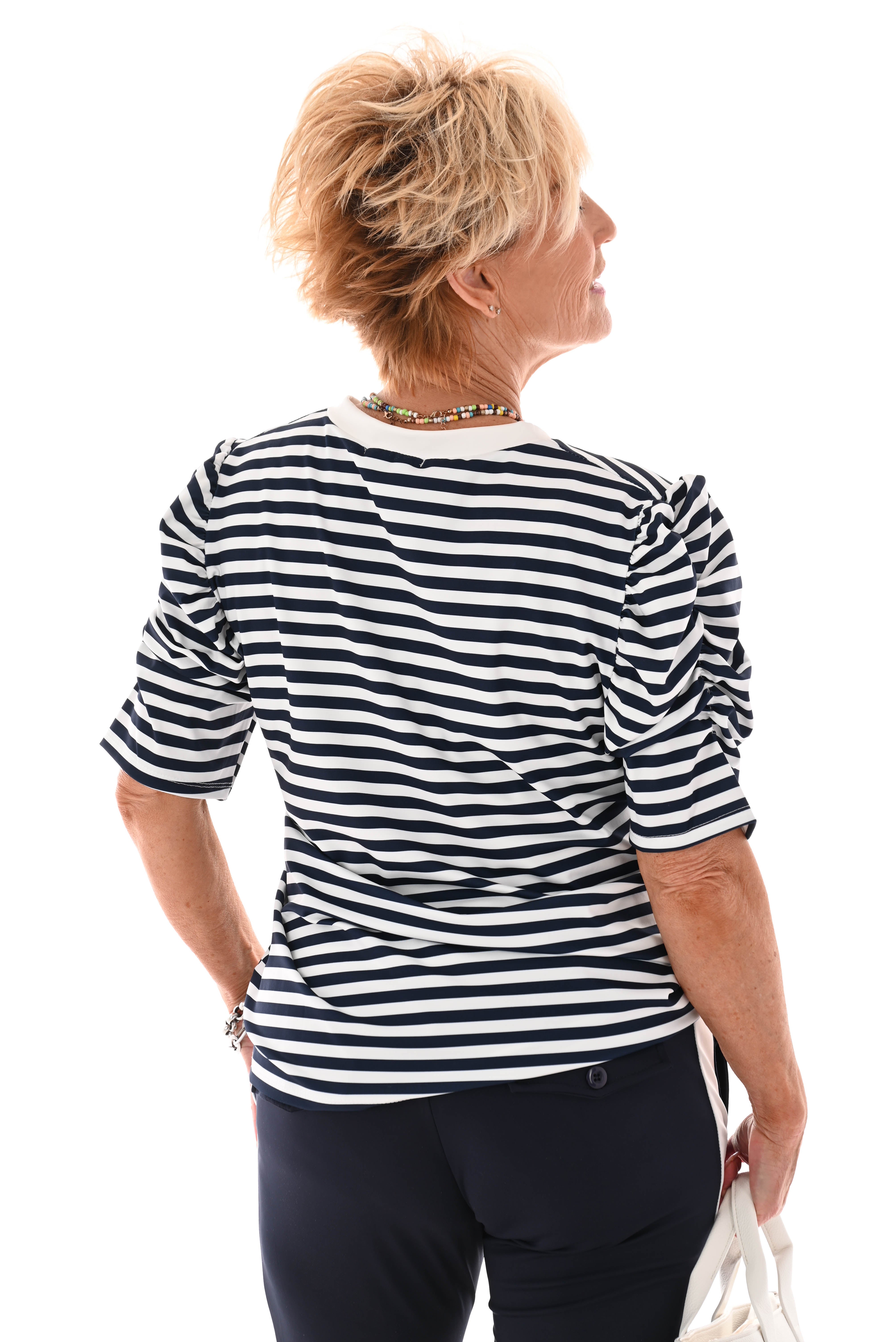 Shirt korte pofmouwen gestreept marineblauw