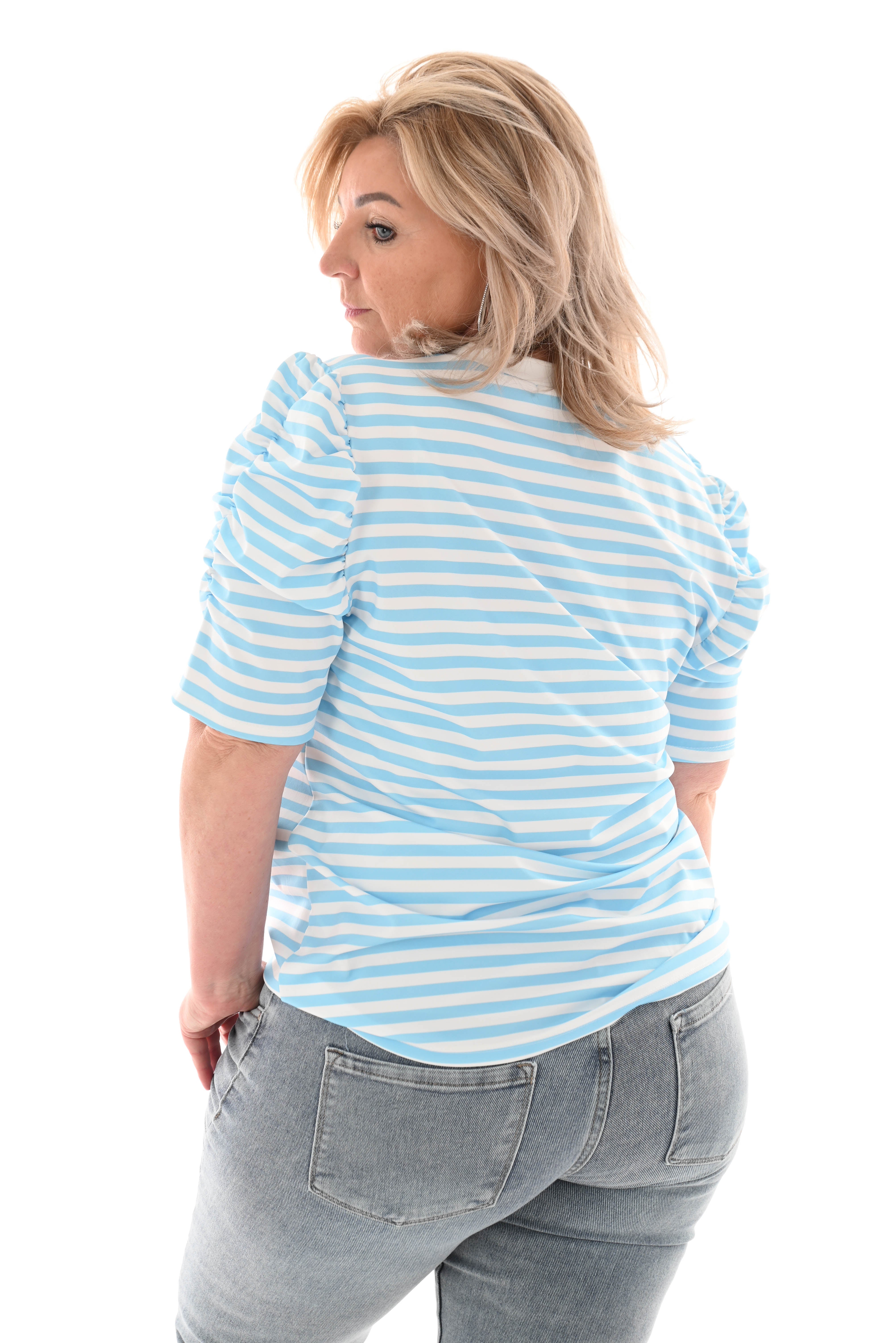 Shirt korte pofmouwen gestreept blauw
