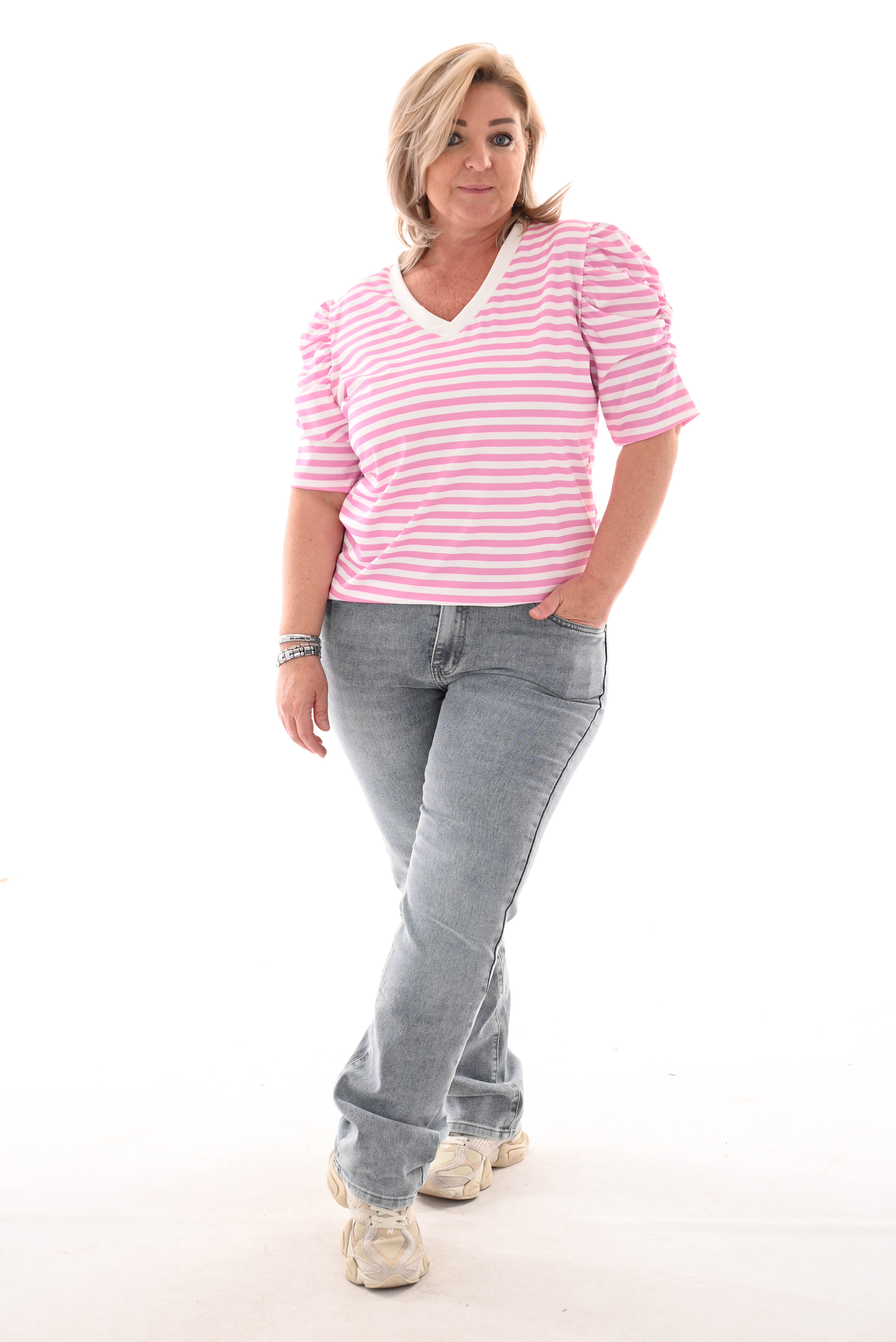 Shirt korte pofmouwen gestreept roze
