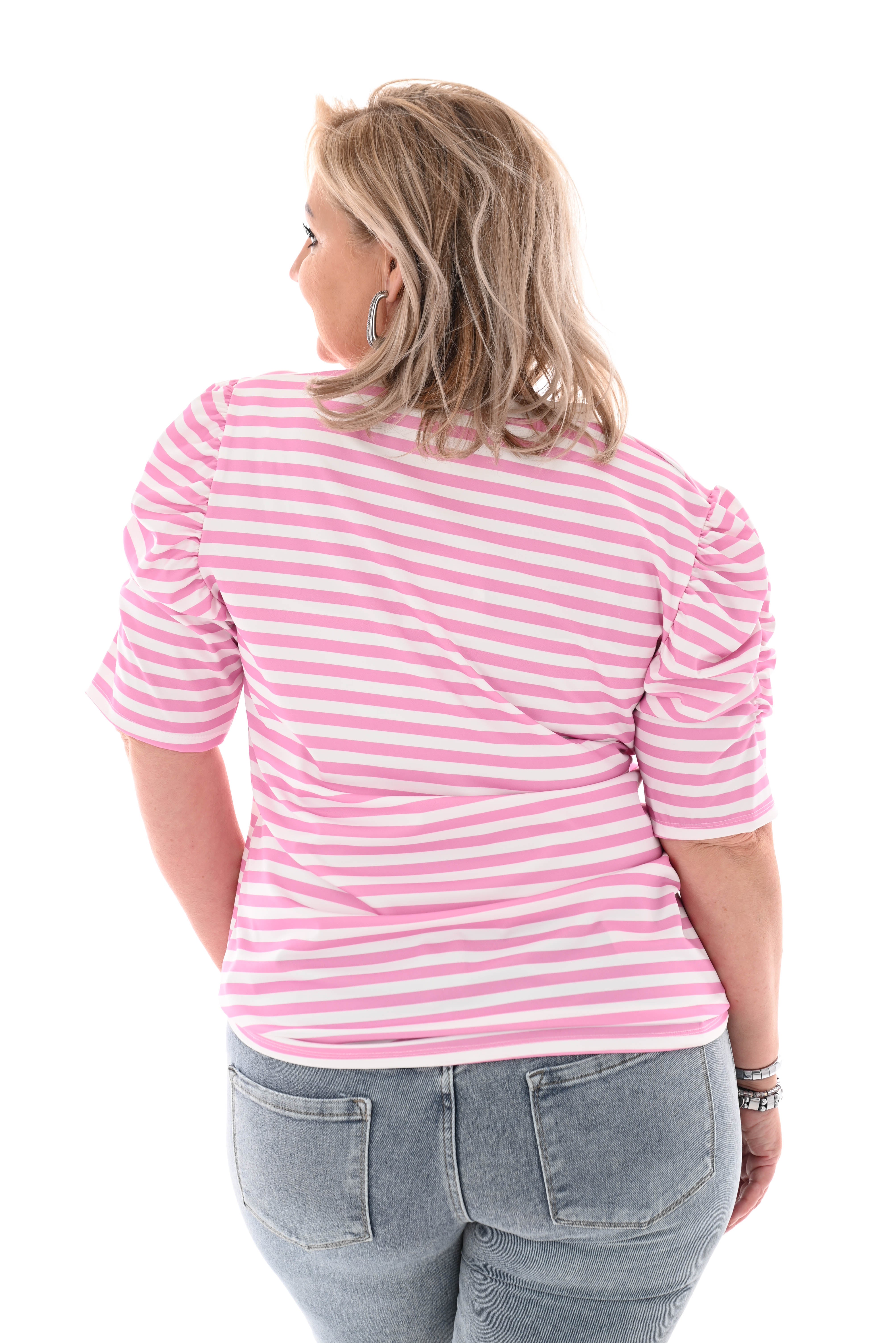 Shirt korte pofmouwen gestreept roze