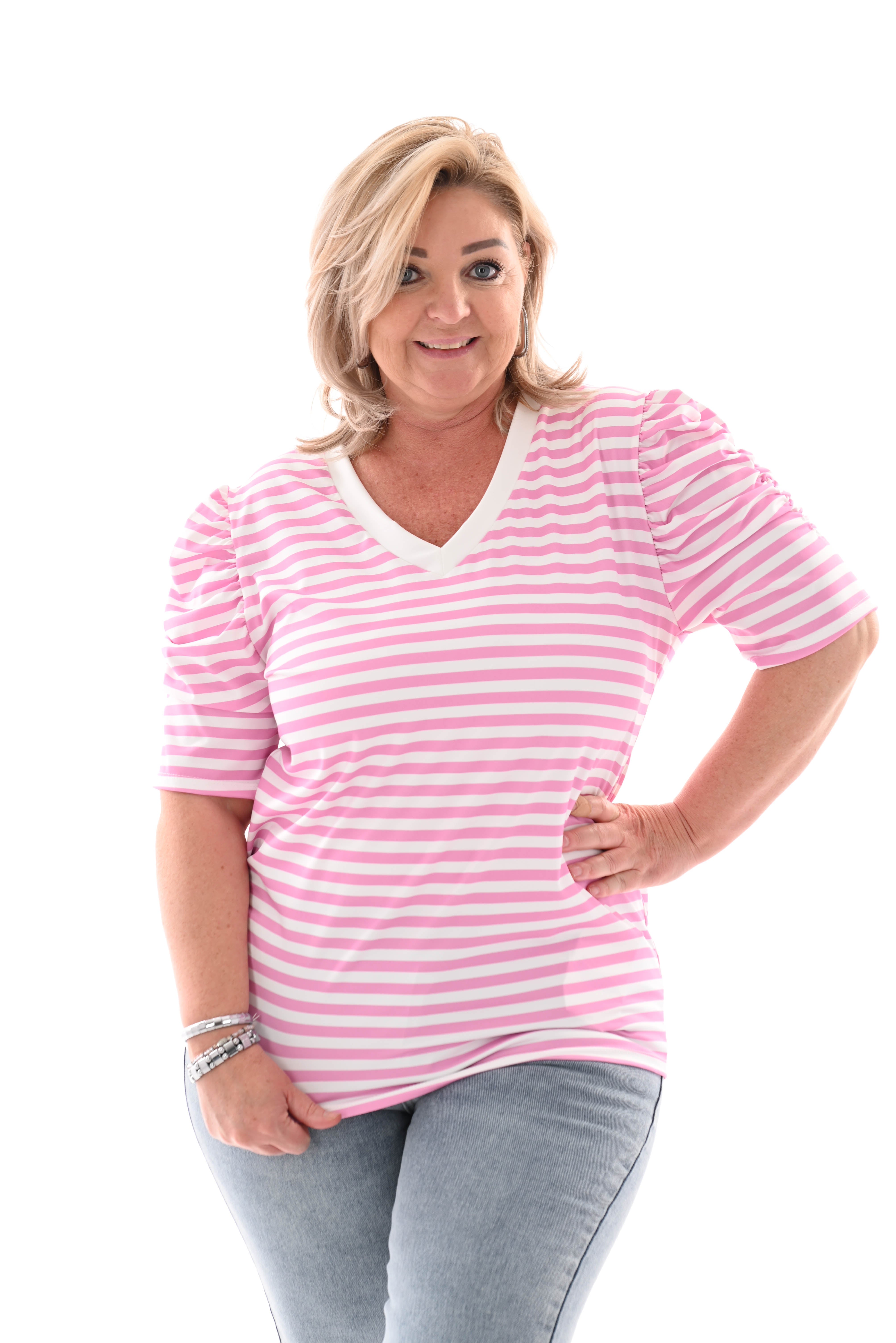 Shirt korte pofmouwen gestreept roze