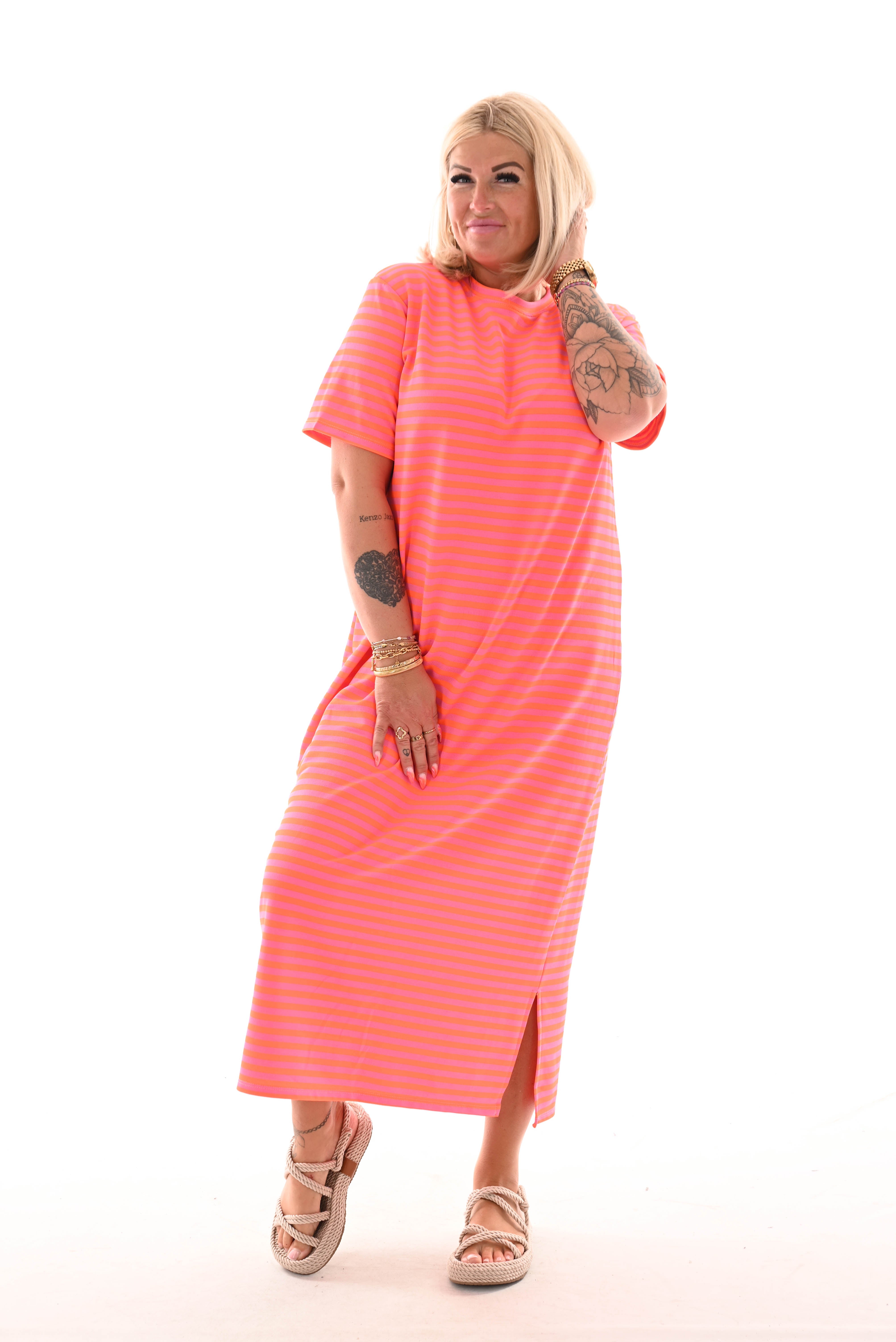 Sweaterdress korte mouwen gestreept oranje/roze