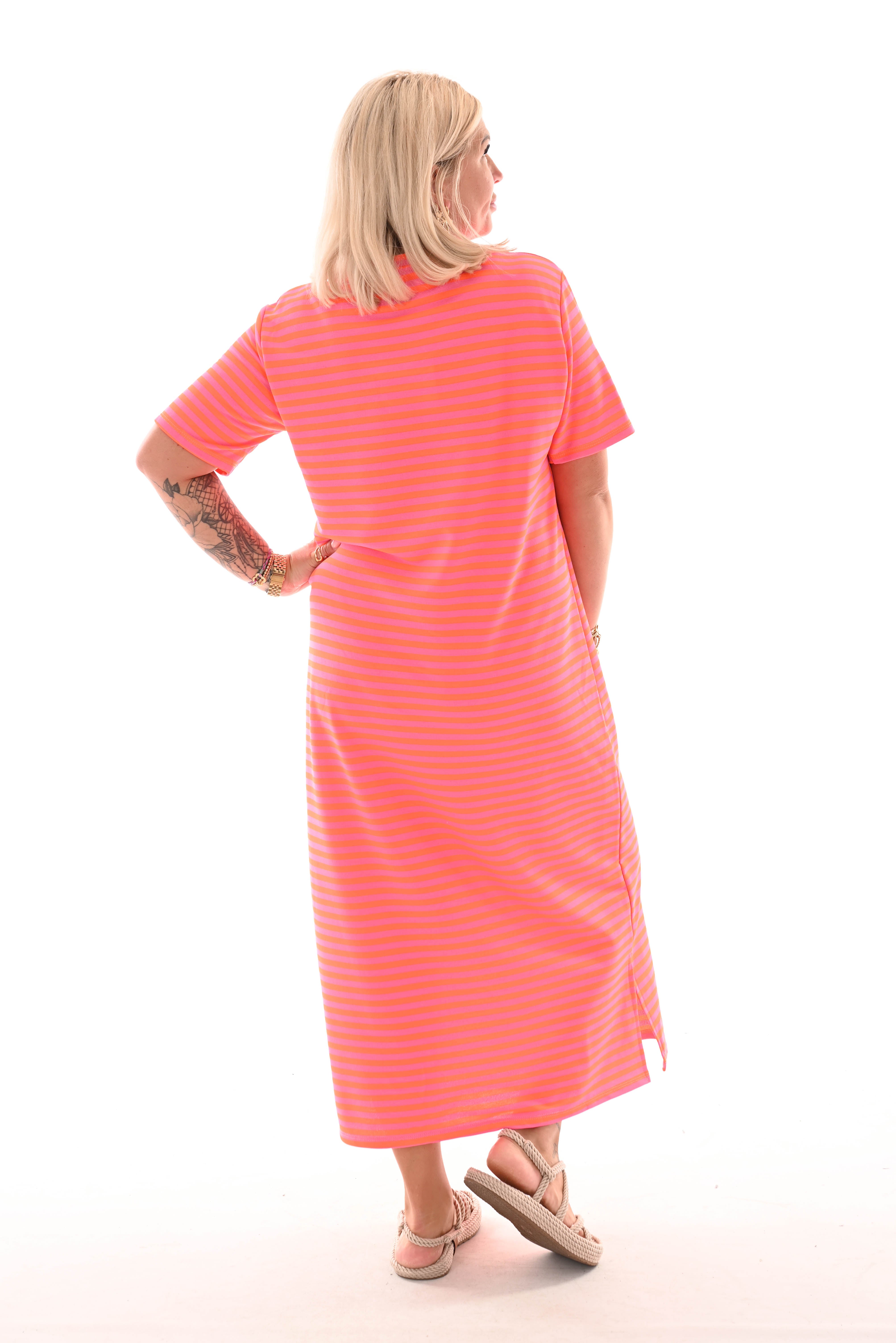 Sweaterdress korte mouwen gestreept oranje/roze