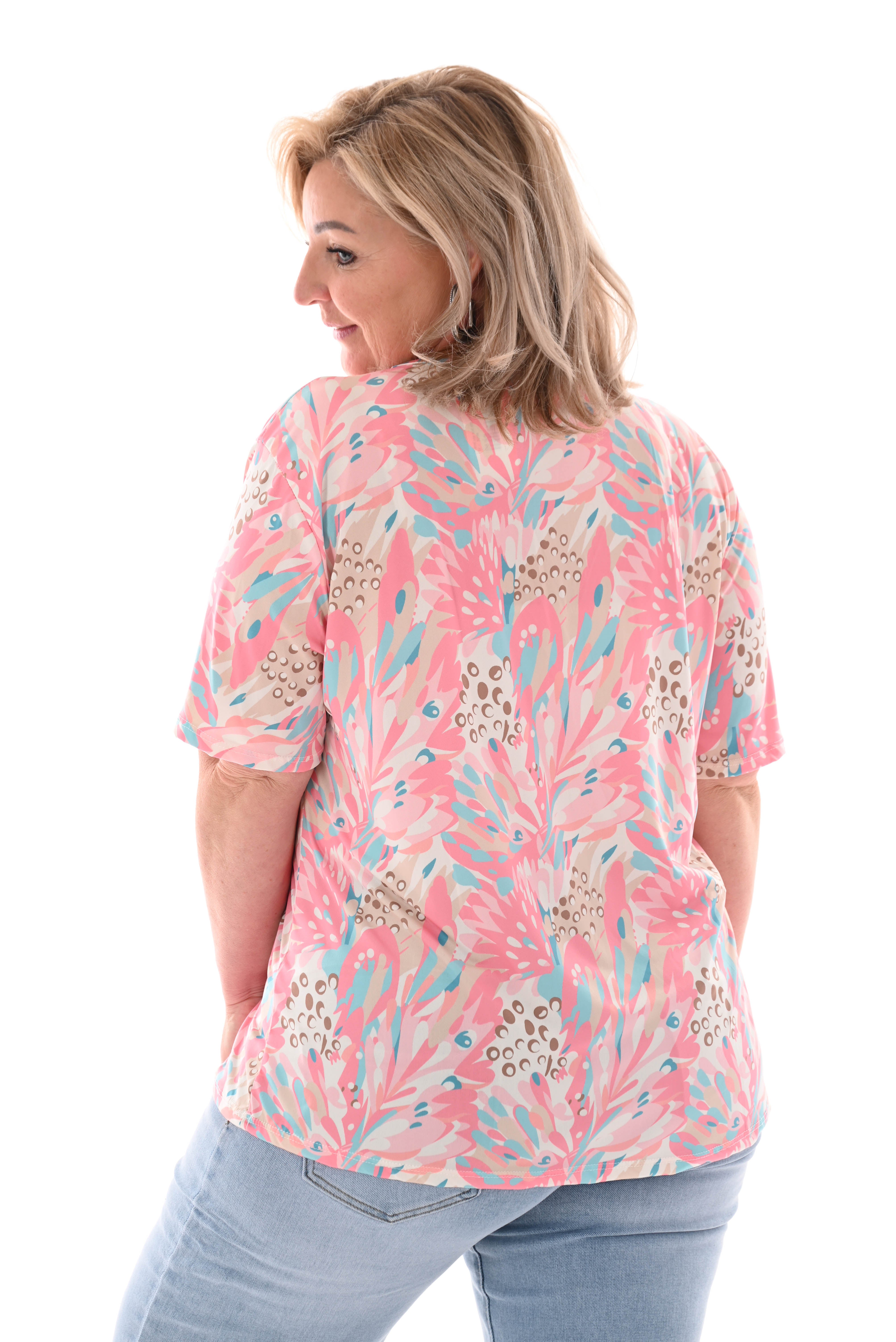 Travel top met rits bladeren lichtroze