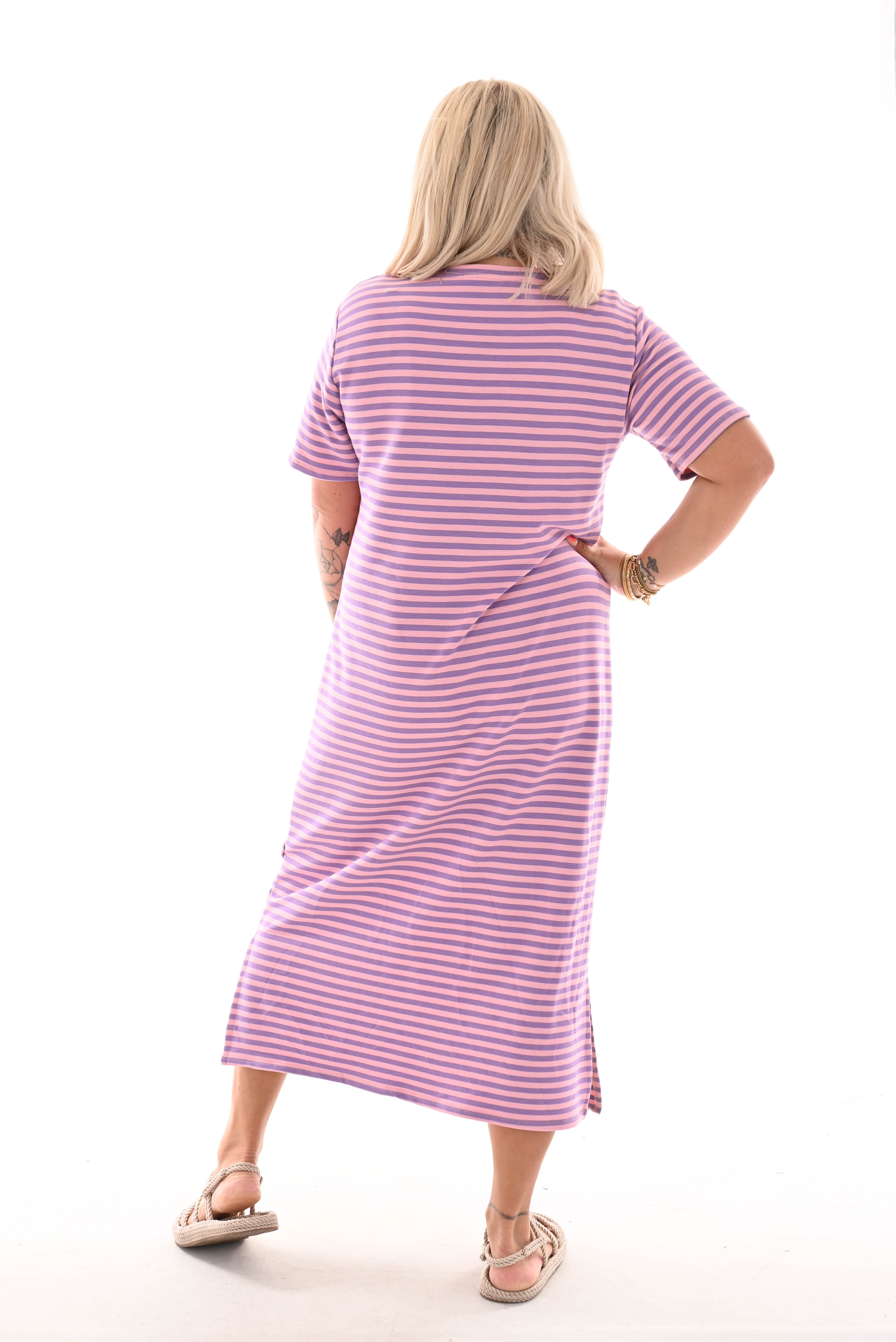 Sweaterdress korte mouwen gestreept lila/roze