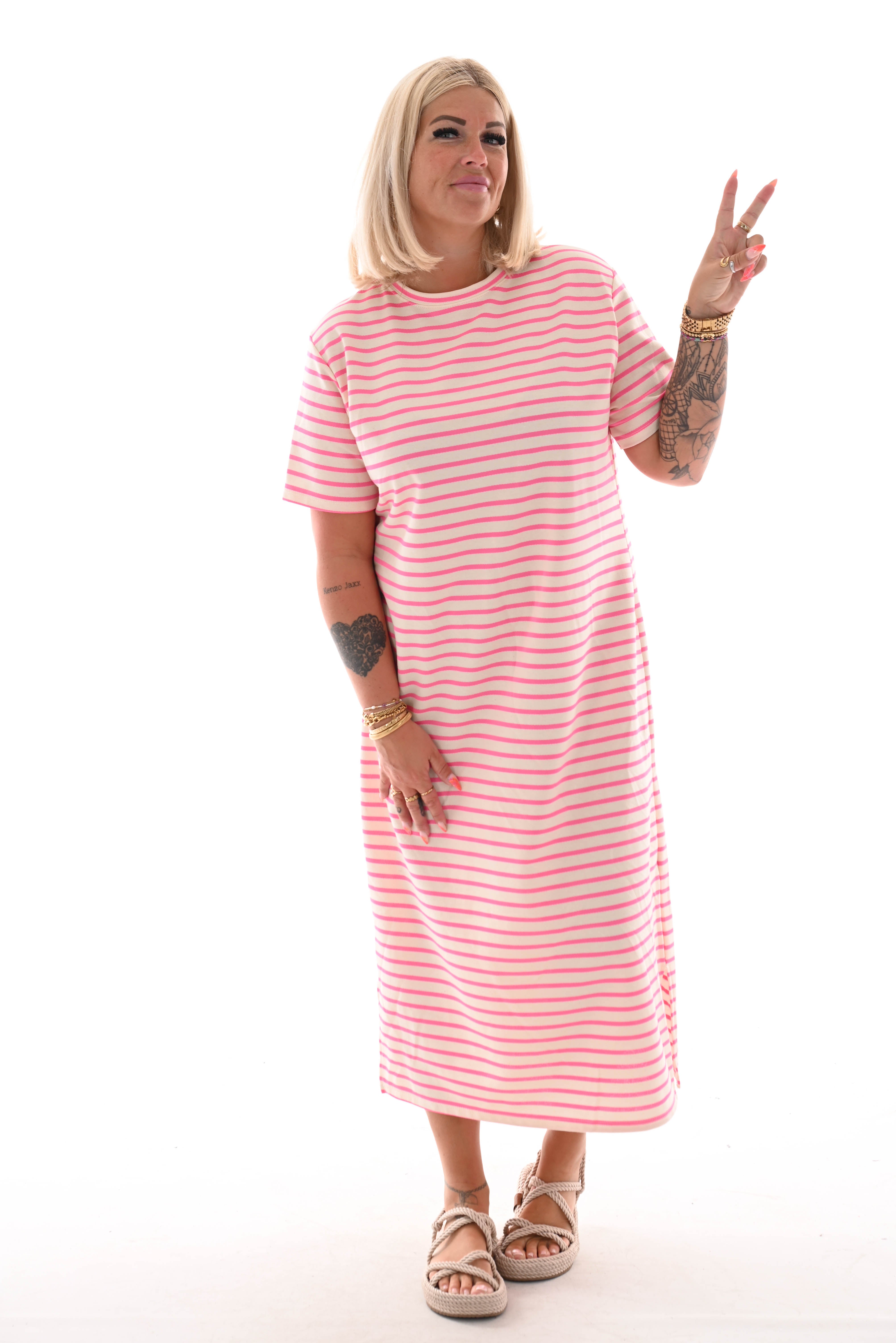 Sweaterdress korte mouwen gestreept roomwit/roze