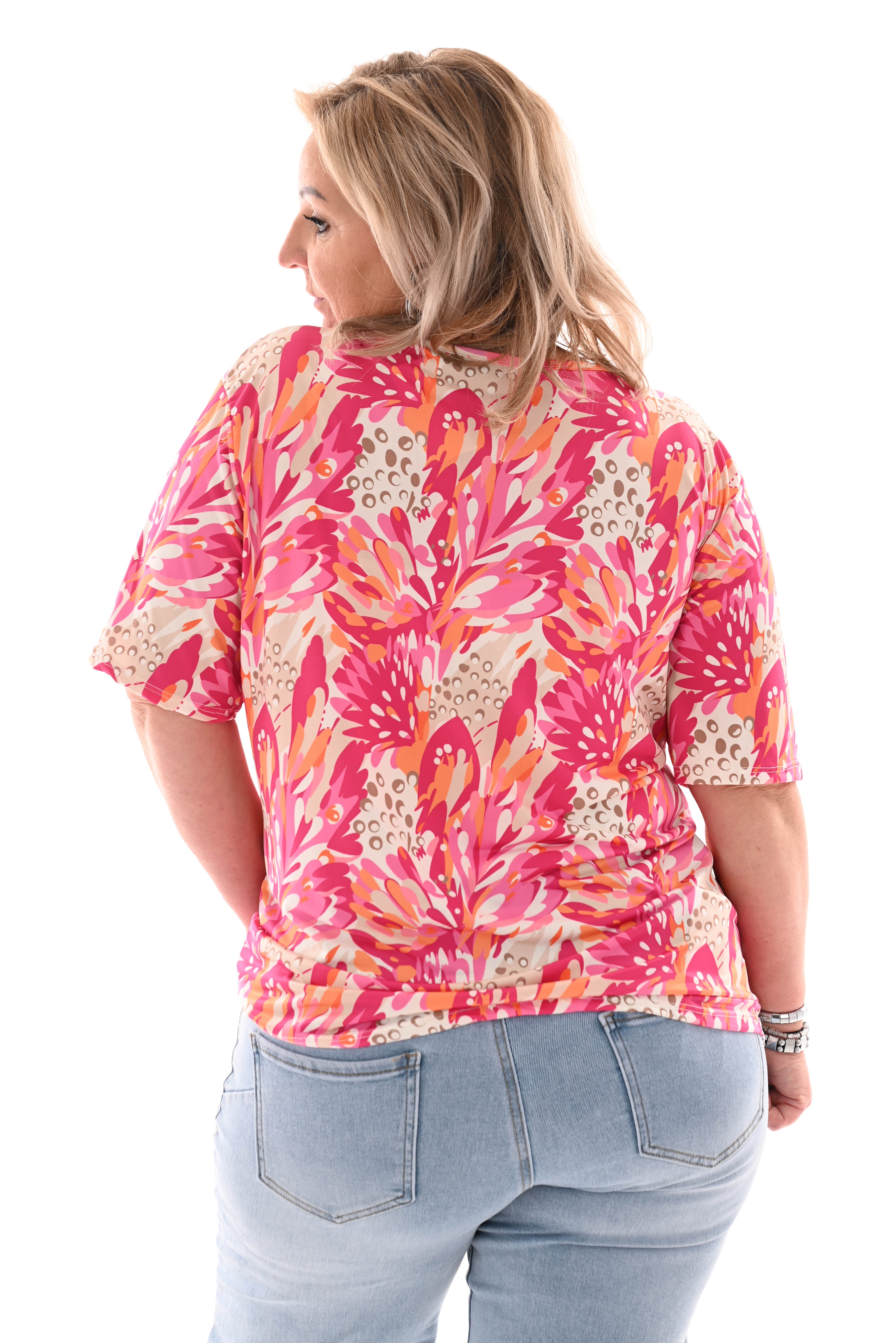 Travel top met rits bladeren roze