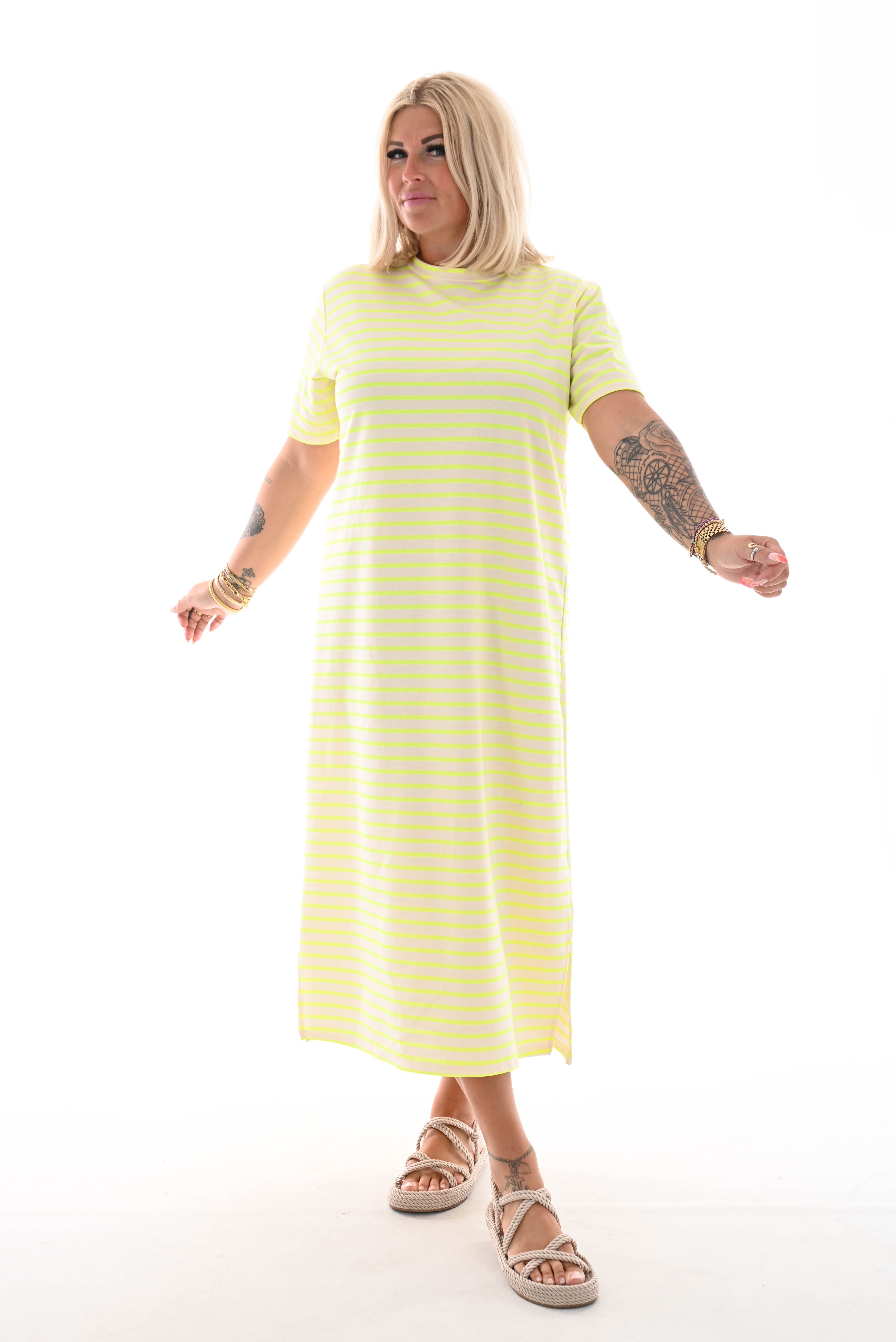 Sweaterdress korte mouwen gestreept creme/neongeel