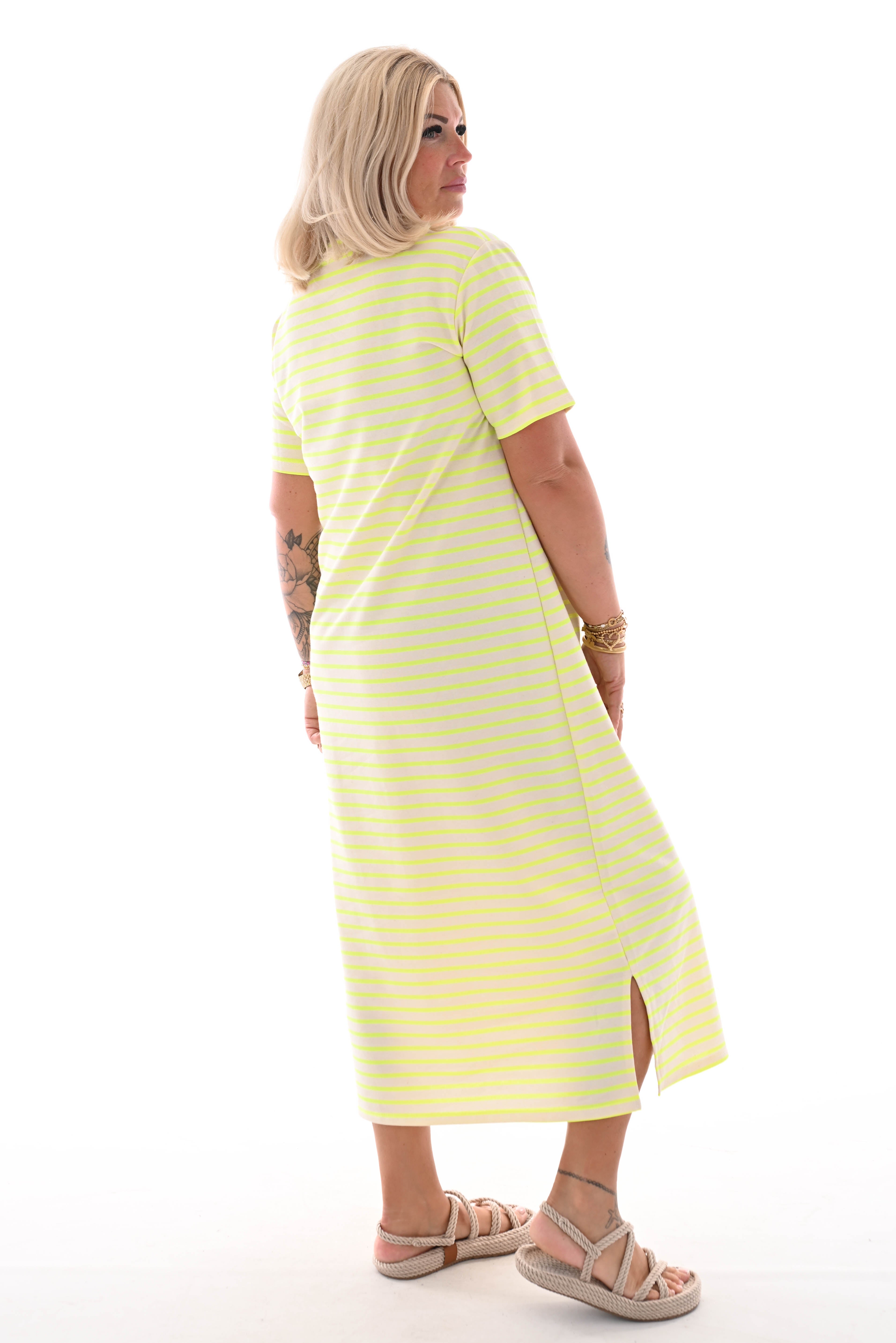 Sweaterdress korte mouwen gestreept creme/neongeel