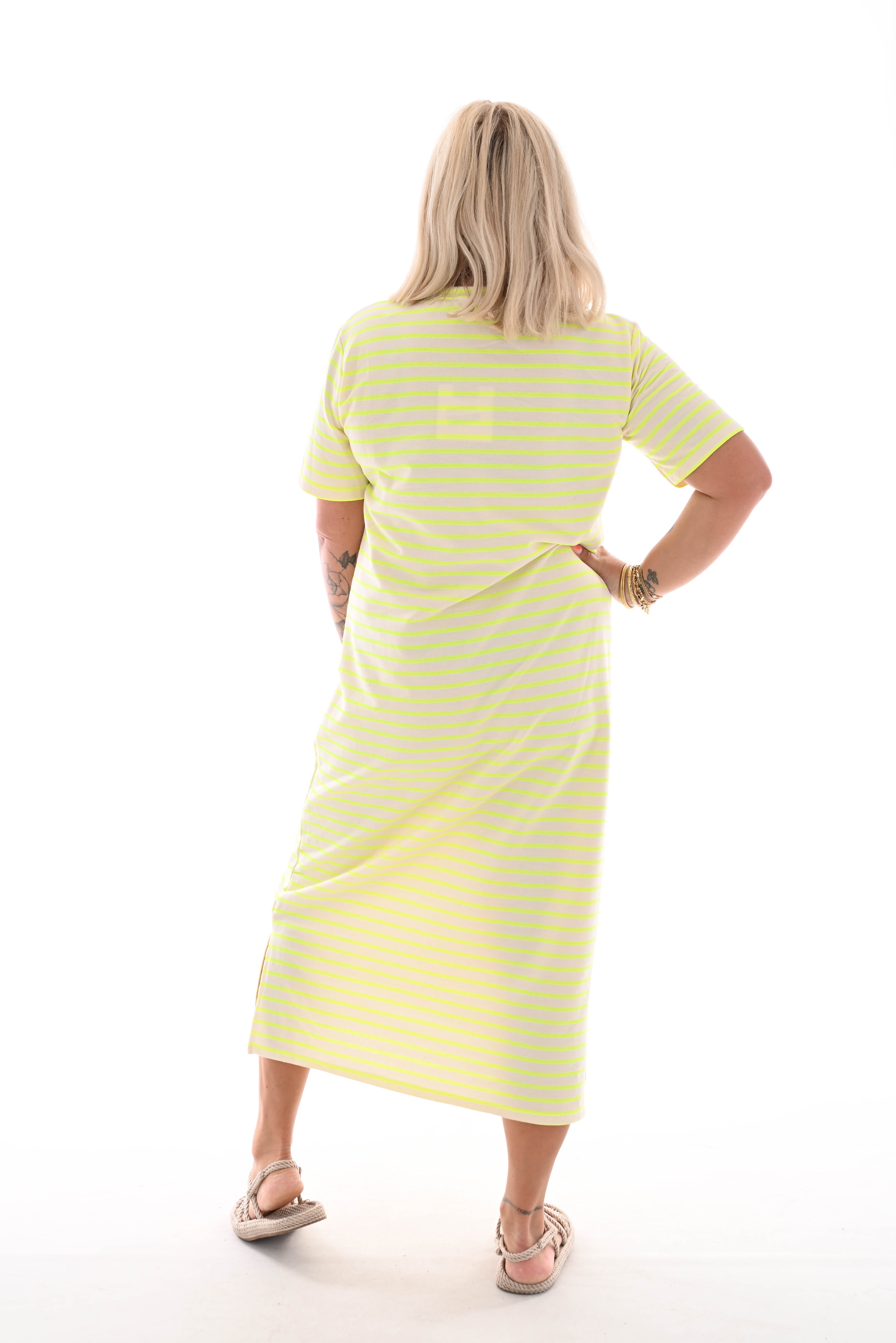 Sweaterdress korte mouwen gestreept creme/neongeel
