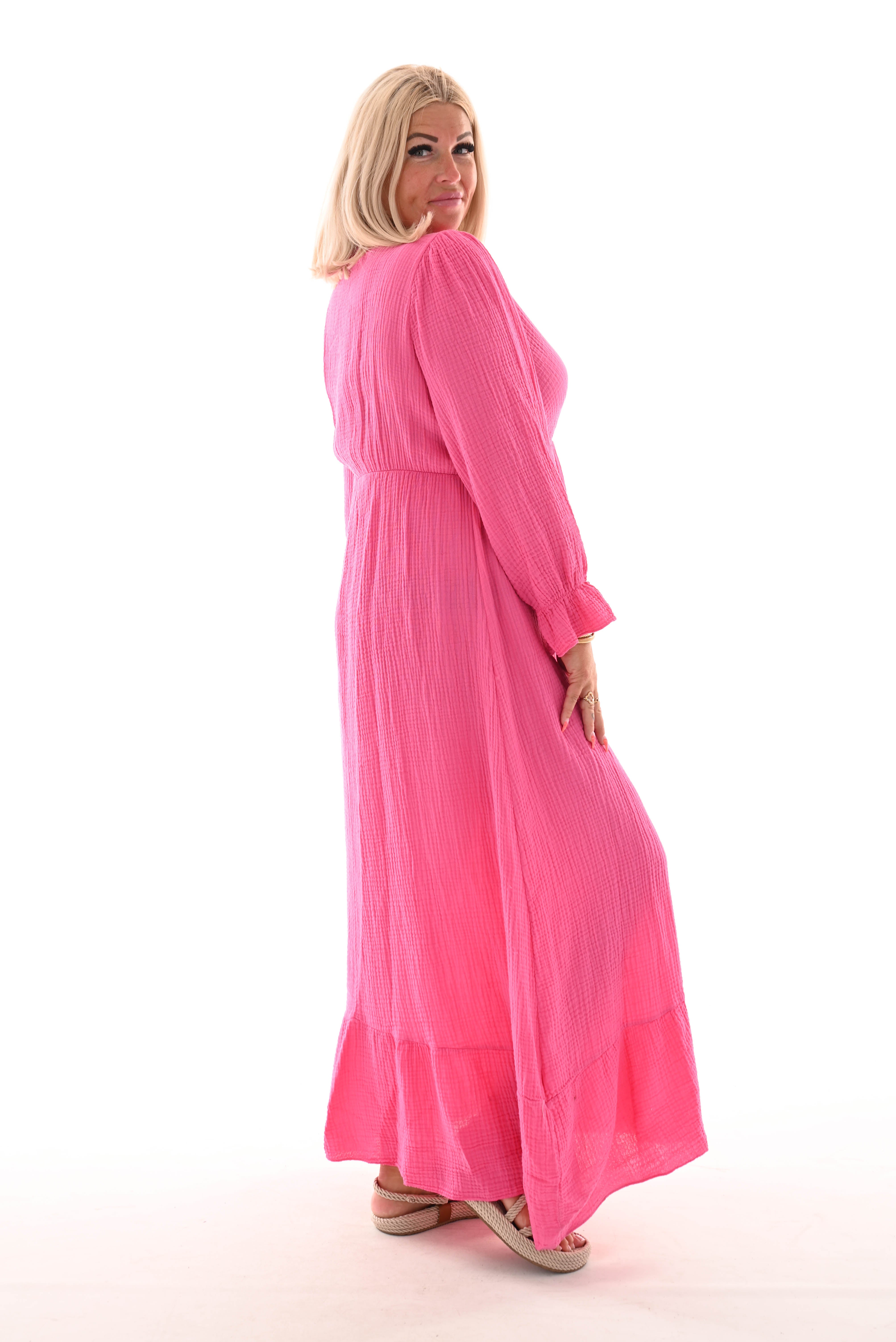 Lange jurk wafel overslag roze
