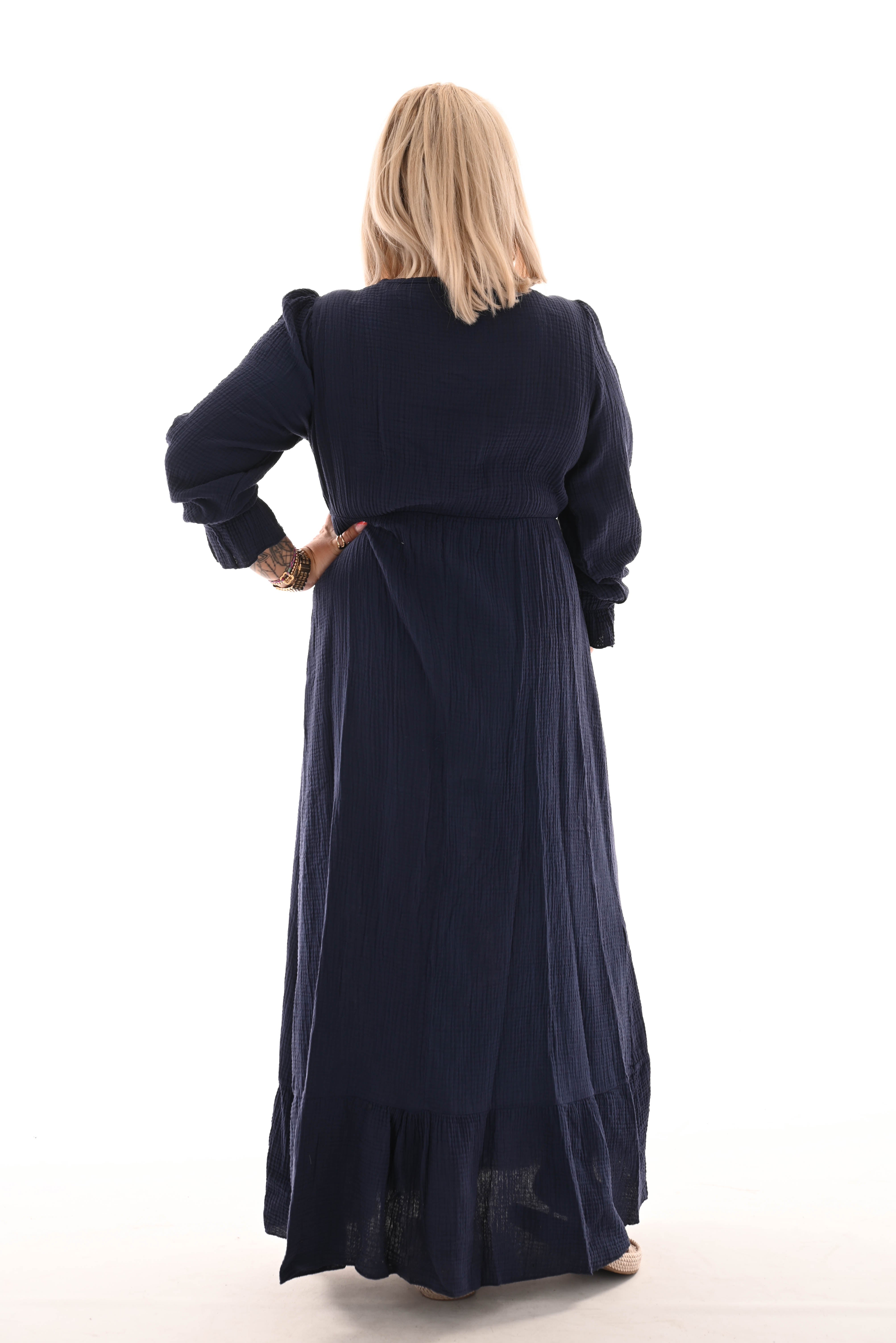Lange jurk wafel overslag marineblauw