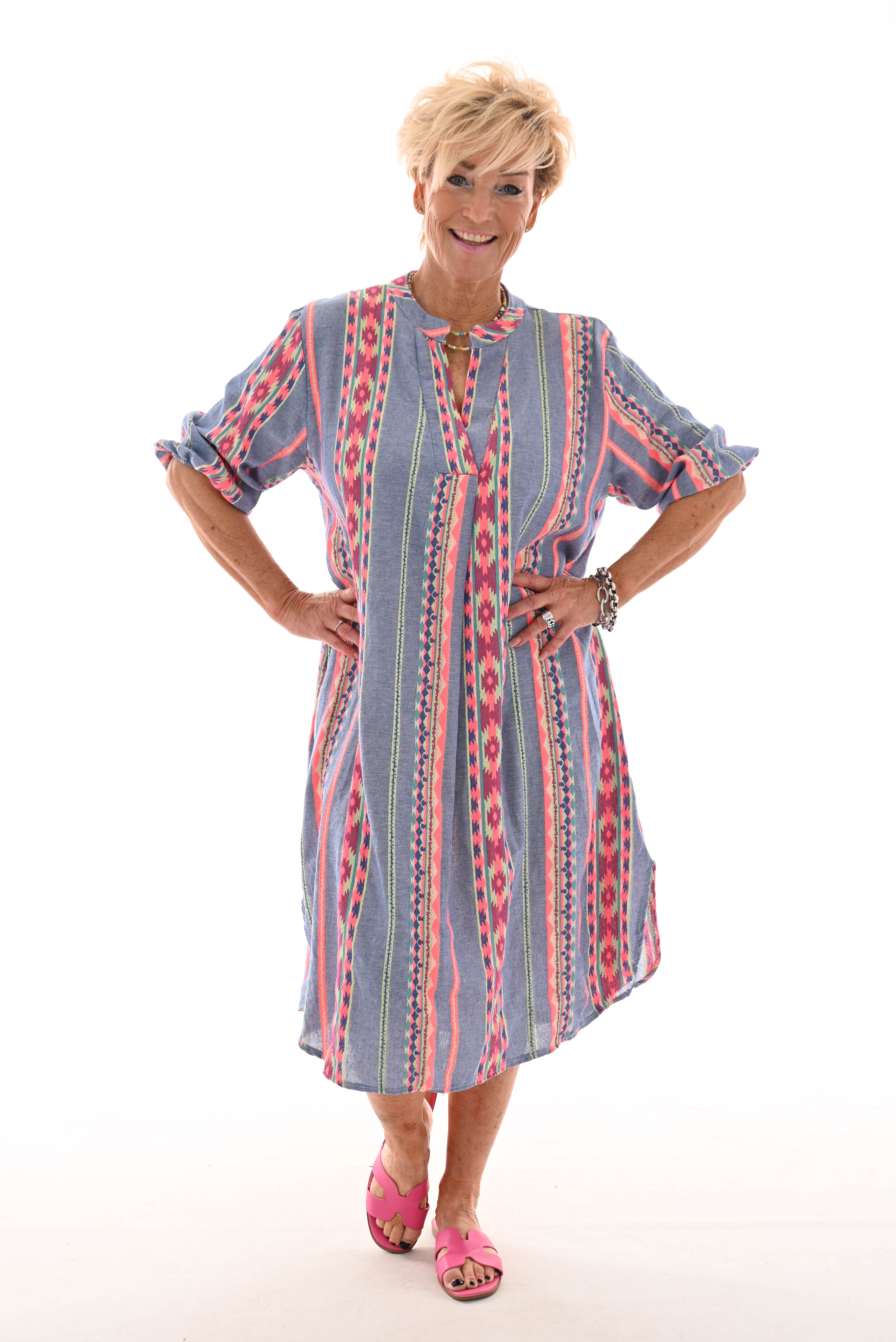 Jurk Aztec jeansblauw/felroze