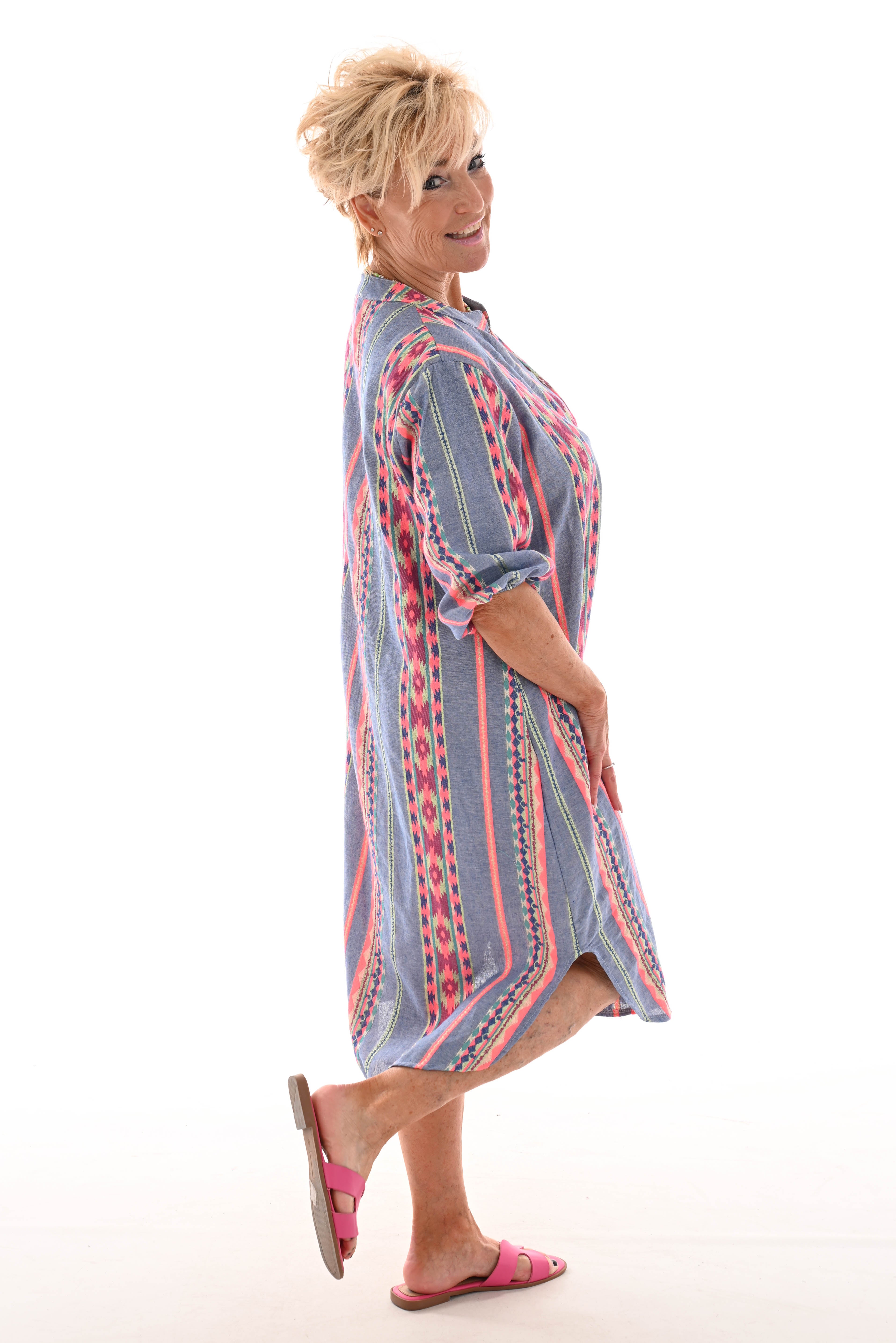 Jurk Aztec jeansblauw/felroze