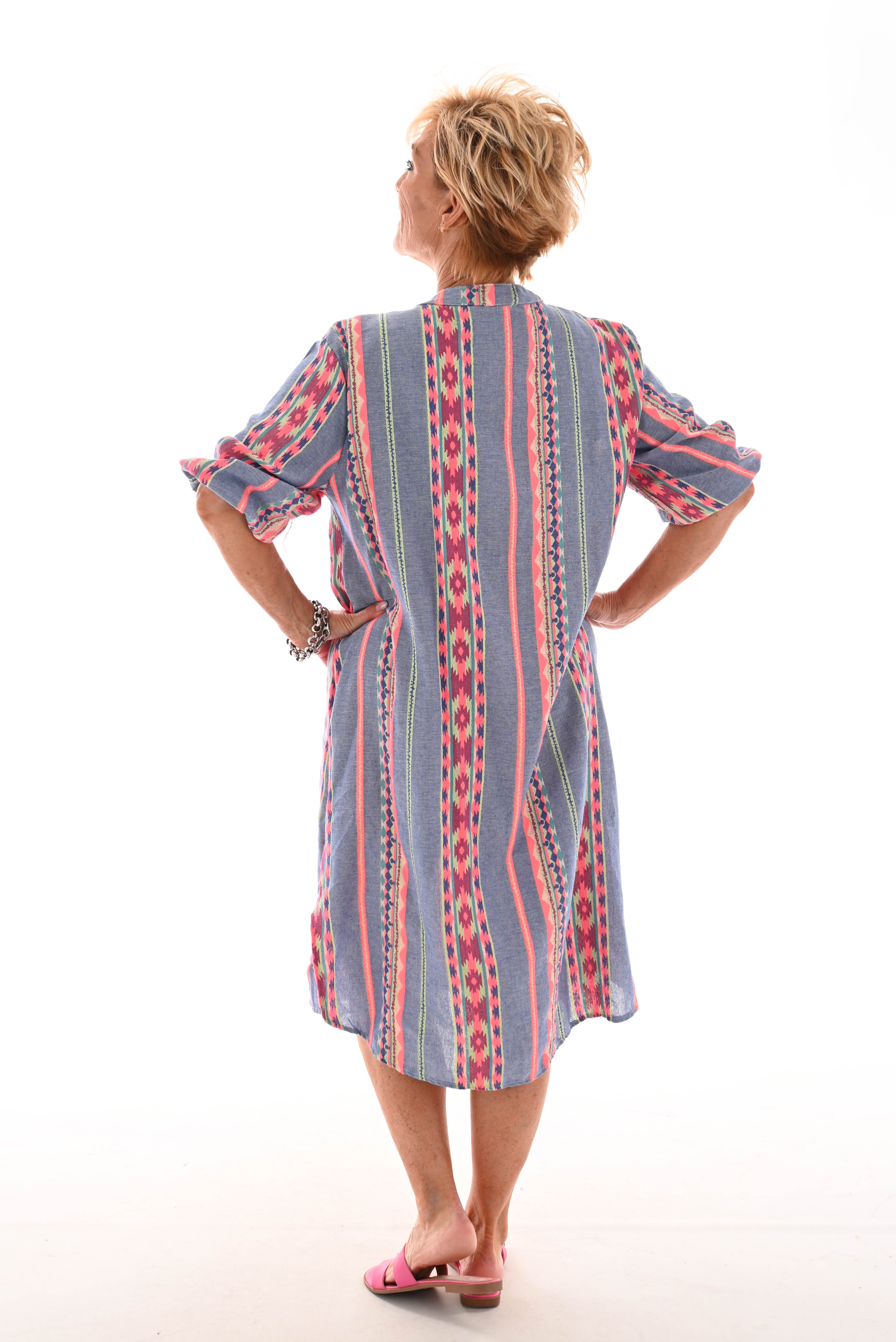 Jurk Aztec jeansblauw/felroze
