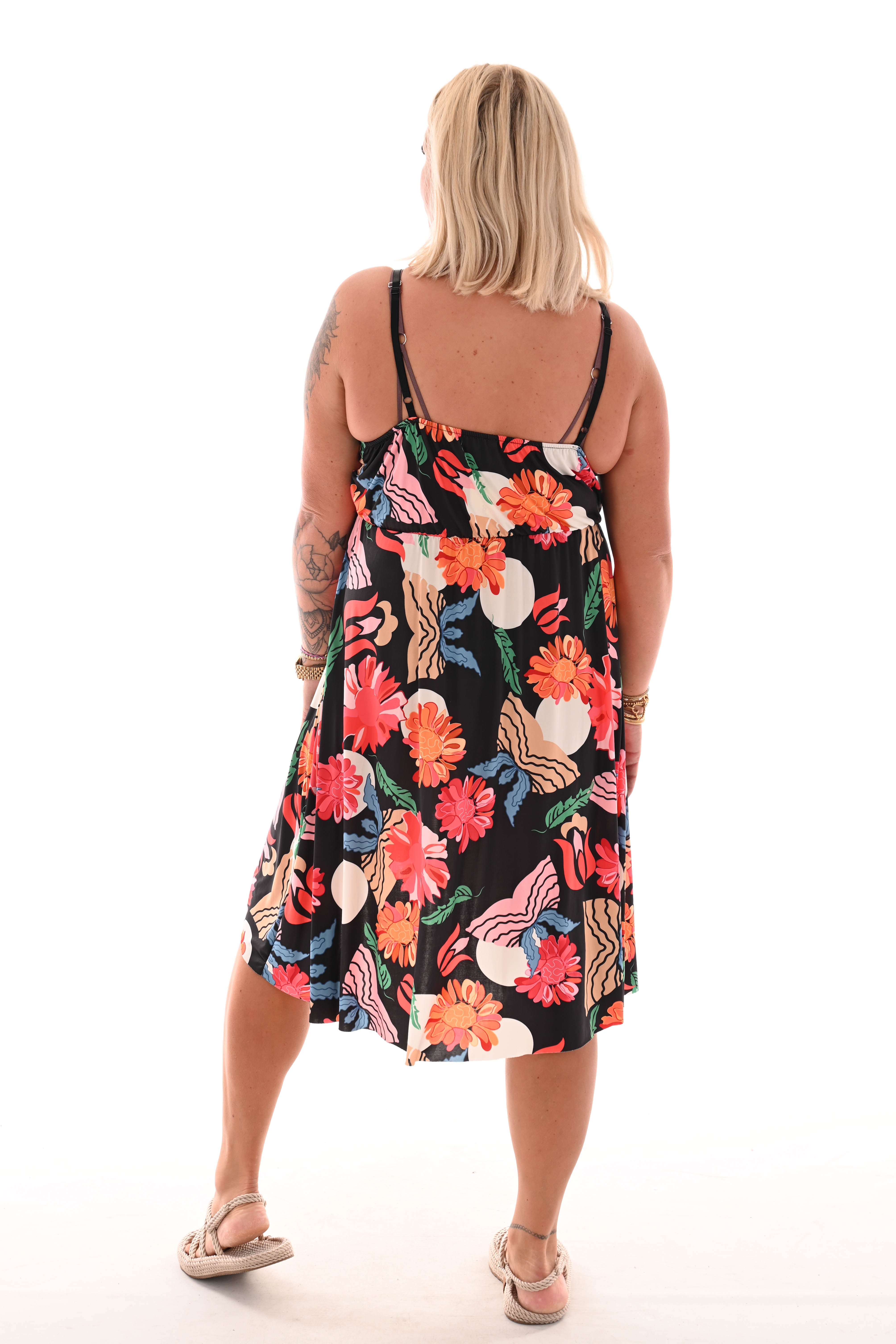 Korte jurk spaghetti bandjes bloemen print zwart